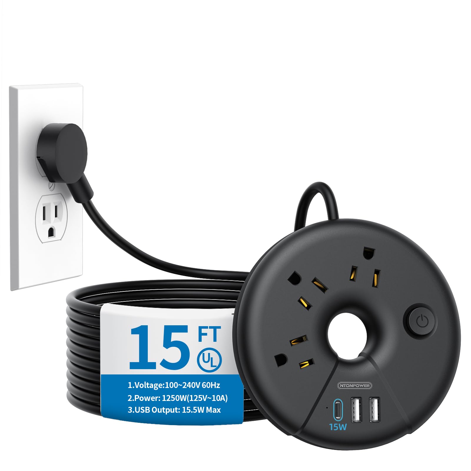 Extra Long Extension Cord 15 ft, NTONPOWER Flat Plug Power Strip with 3 Outlets 3 USB Ports(1 USB C), Flat Plug Extension Cord, Extension Cord with Multiple Outlets for Lndoor, Home, Office, Dorm