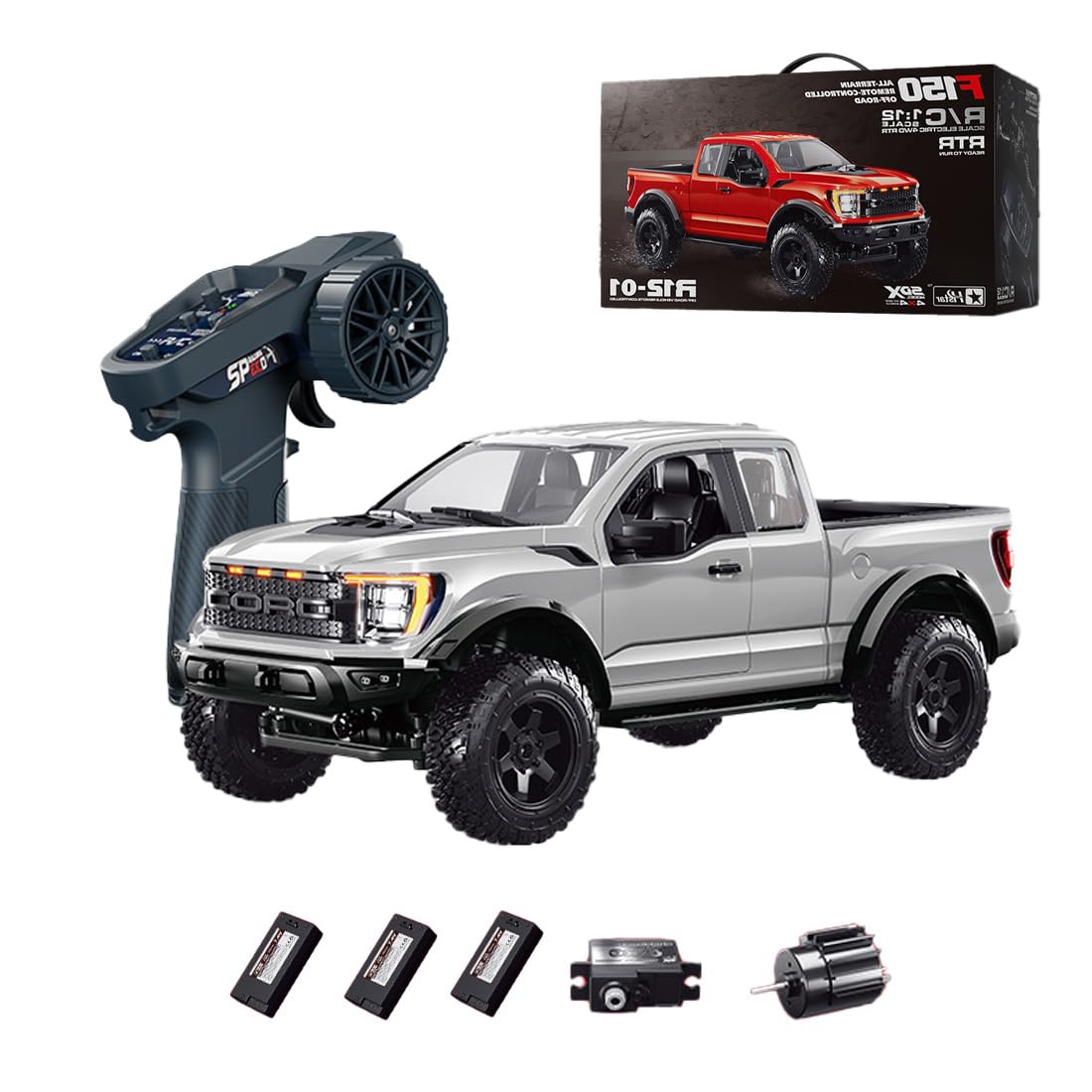 RCXTechPro 1:12 Scale F-150 Raptor 4WD RC Truck Off Road Pickup Remote Control Car with High Speed Motor, LED Lights, Independent Suspension (R12-01Q/Sliver/3 Battery)