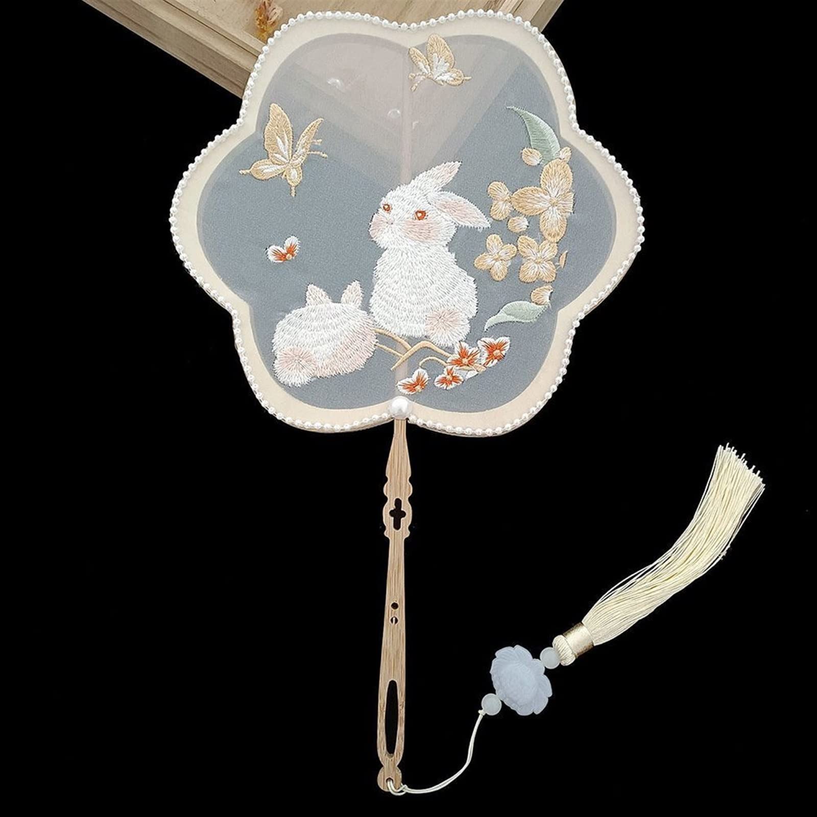 LKLNKVL folding fan, Folding Hand Fan - Chinese Style Embroidery Decoration Fans with Ancient Long Handle Tassel Clothing Cheongsam Dance Decorative(1)