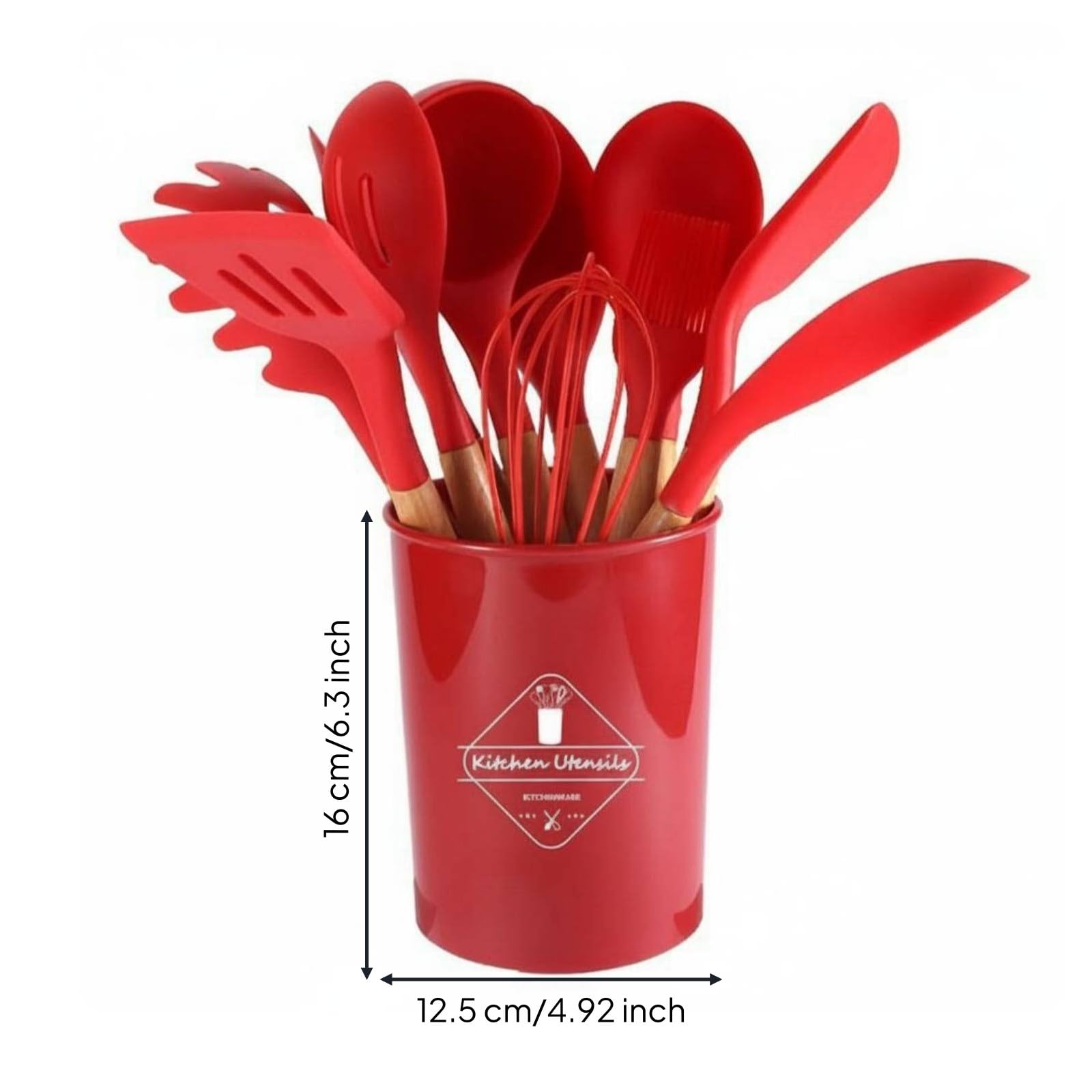 kowaku Ustensiles de Cuisine en Silicone Ustensiles Spatules Fouet Louche avec Seau de Rangement Manche en Bois Isolant Résistant à 230 Cm Silicone, Red