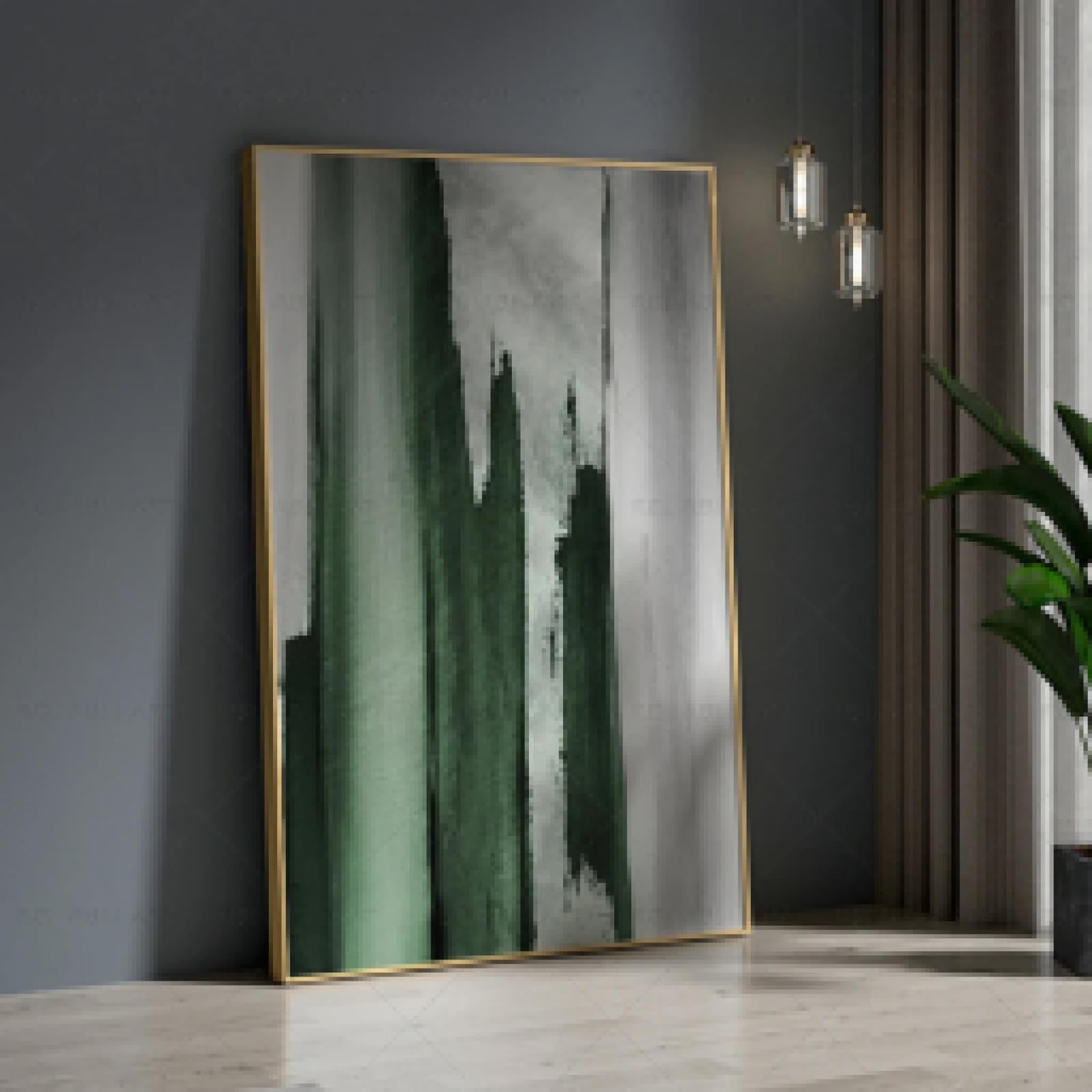 Tableau abstrait vert feuille d'or pour un salon scandinave élégant