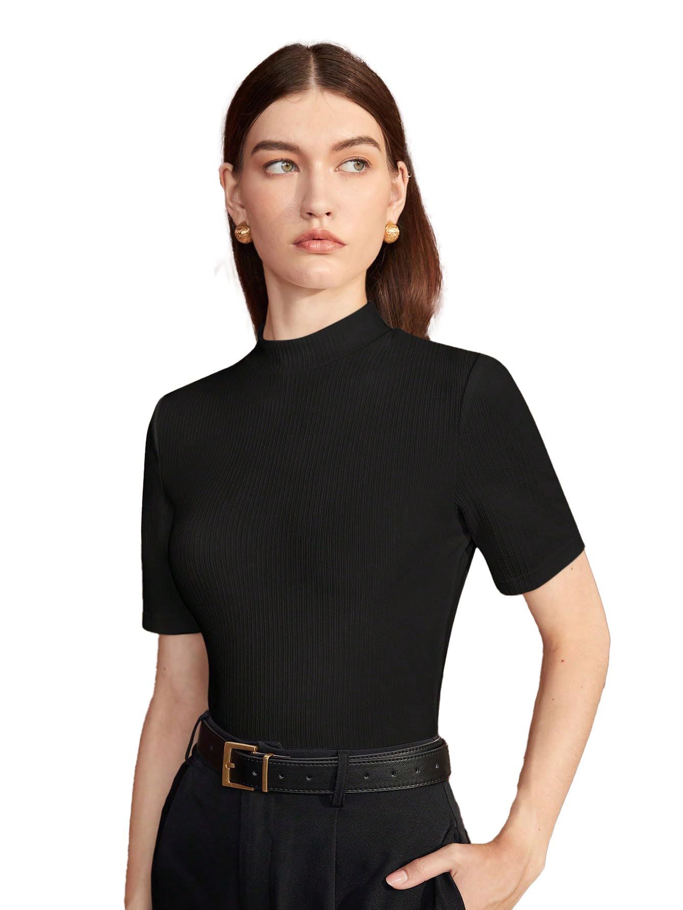 istyle can Tops for Women Streachable High Neck Ribbed Rib-Knit Short Sleeve Slim Fit Regular Length Solid/Plain T-Shirt/Top-picture-13