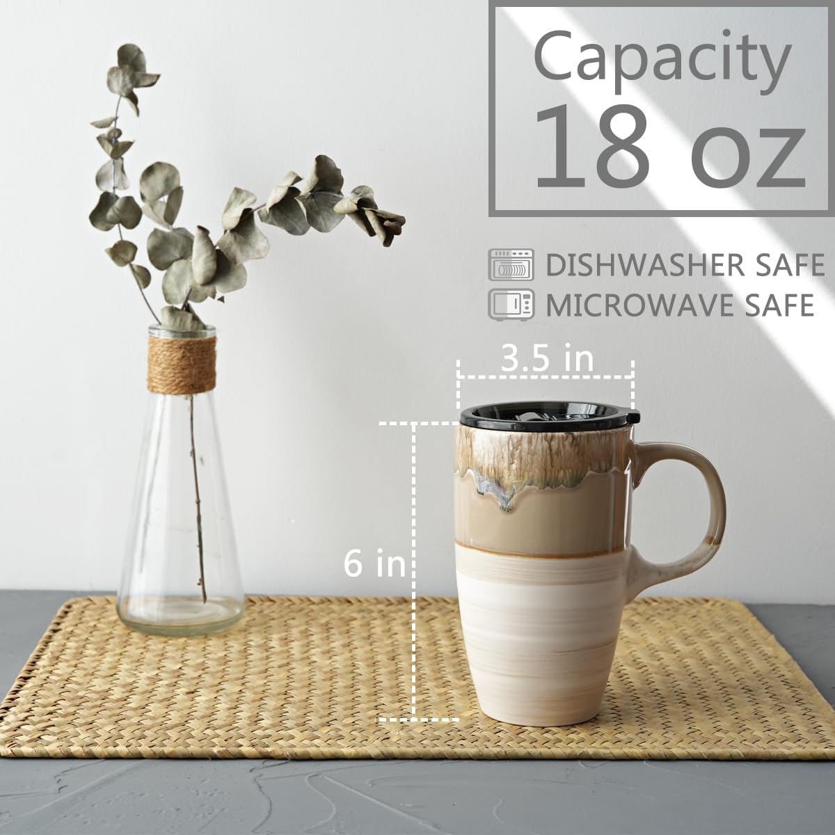 Bosmarlin Ceramic Travel Coffeel Mug with Handle and Lid, 18 oz, Portable Coffee Cup for Car Cup Holder, Microwave and Dishwasher Safe, Reactive Glaze (Brown Grey) - Image 2