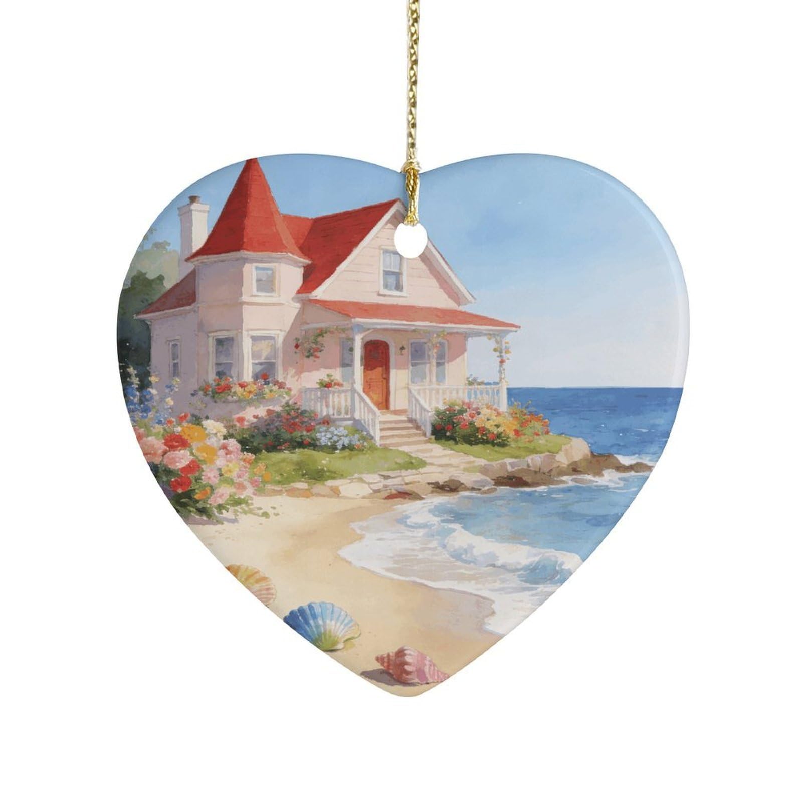 Khauerbc Style Beach Househeart Shaped Ceramic Ornament With String,Ceramic Ornament,Two-Sided Printed For Christmas Tree And Holiday Decoration