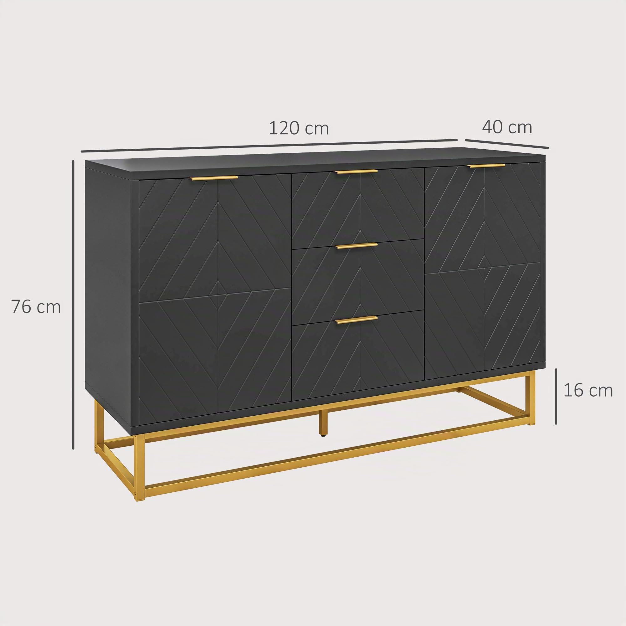 HOMCOM Credenza dal design grafico contemporaneo 2 armadi con ripiani regolabili 3 cassetti scorrevoli in legno nero e metallo dorato