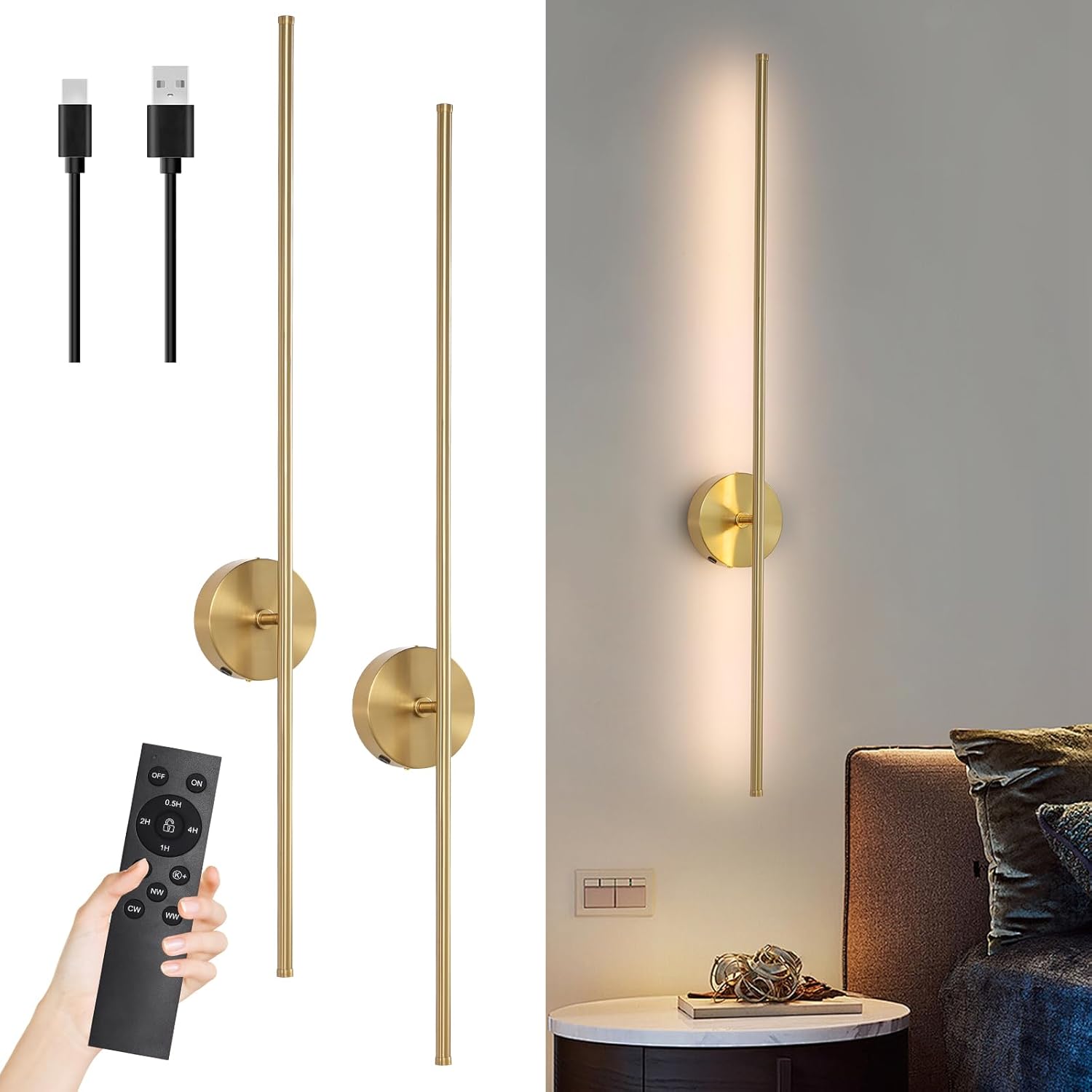 40" Gold Battery Operated Wall Sconces Set of Two Modern Rechargeable Wall Sconces with Remote Control LED Dimmable Wall Lights for Living Room Bedroom Hallway (2 Pack) Gold 40 Inches