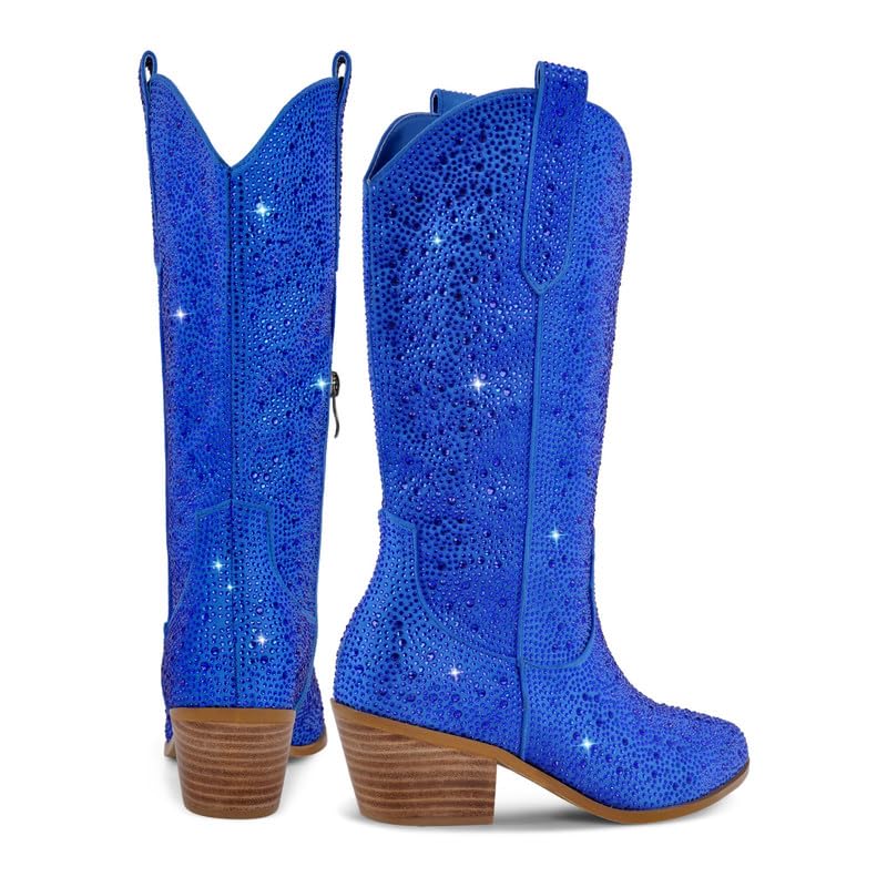 Image of Richealnana Sparkly Rhinestones Cowboy Cowgirl Style Boots Calf High Boots for Women 2INCH Heeled Shining Pull On Tabs