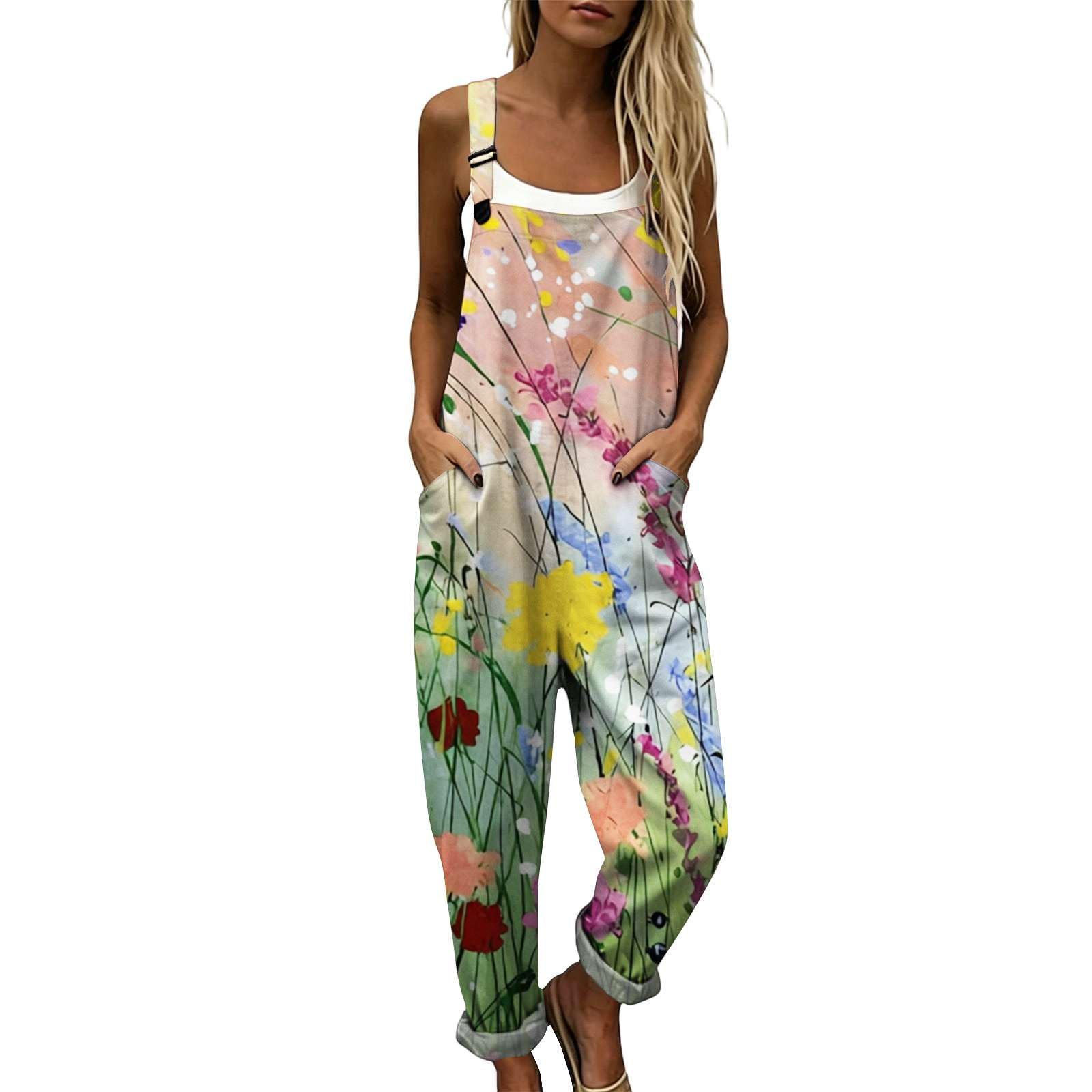 Generico Salopette Donna Intera Estiva Tuta Lunga Elegante Boho Chic Stampa Fiori Pantaloni Gamba Larga Ample con Tasche Bretelle Regolabili Comoda Baggy Curvy Mare Spiaggia Vacanza