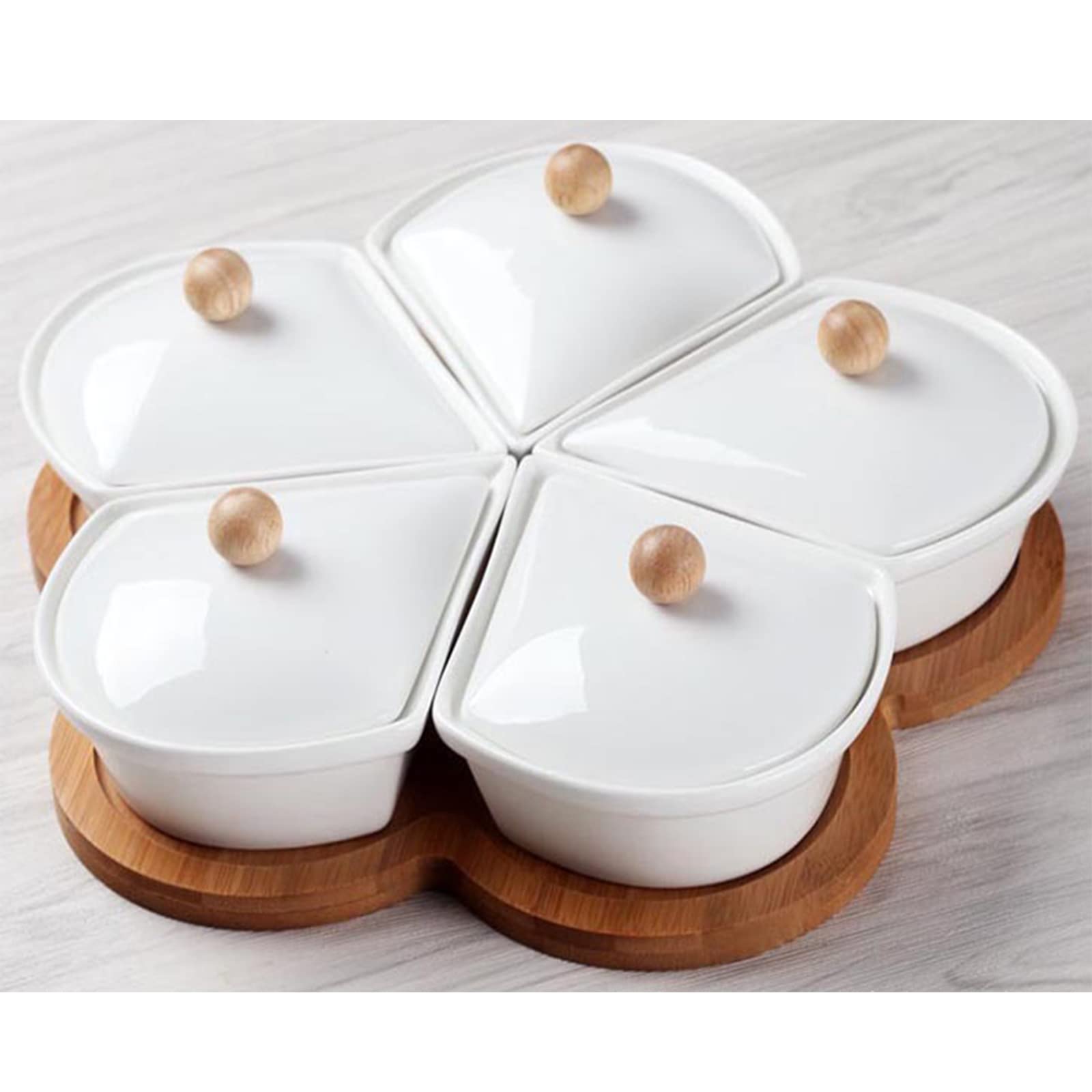 Yarlung Ceramiczne podzielone naczynia do serwowania z pokrywkami i bambusowym półmiskiem, 5 wymiennych miseczek do zanurzania, orzechy, naczynia na przekąskę, chipsy, owoce, cukierki, przyprawy