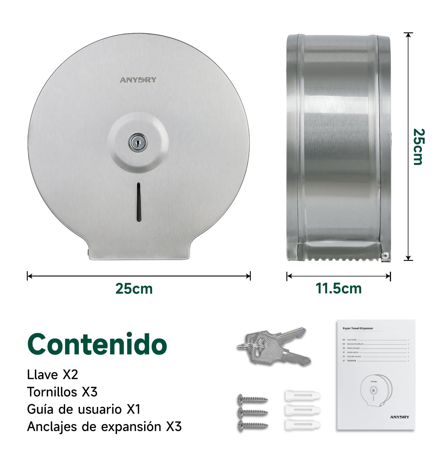 Dispensador de Toallas de Papel Acero Inoxidable Montaje en Pared anydry 5182