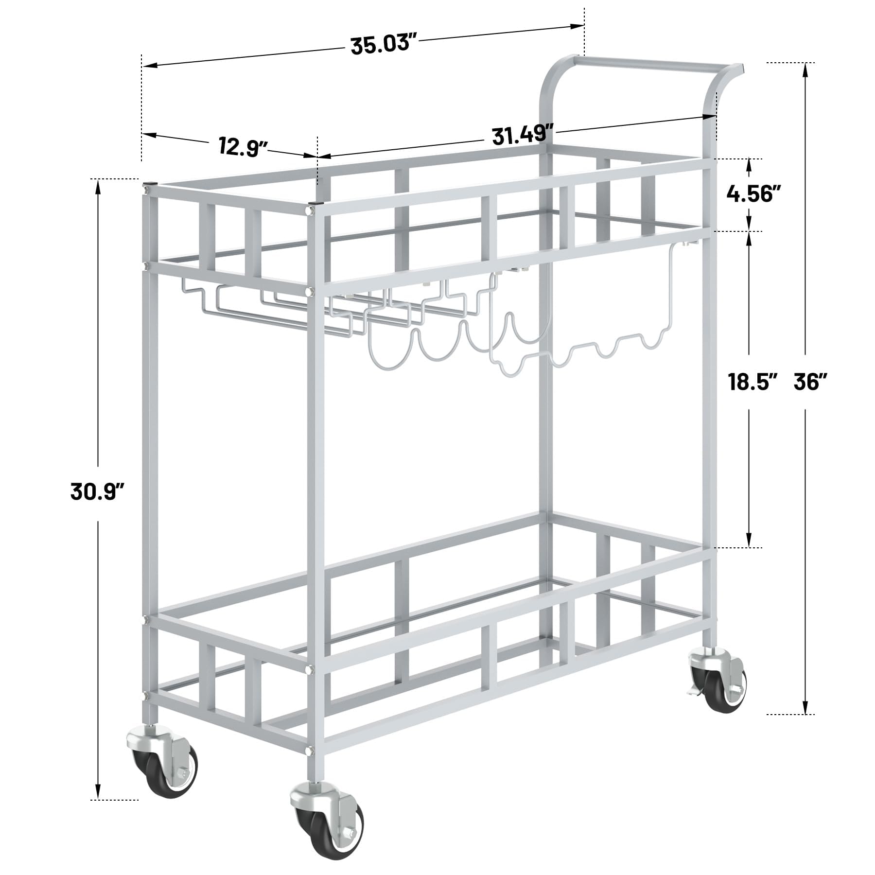 Garvee Carro de Bar rodante de 2 Niveles con estantes espejados – Porta Copas y Botellas – Compacto y portátil para Comedor, Cocina o Sala – Plata+Espejo, 4 Botellas, 3 Filas Copas, 34x15x35
