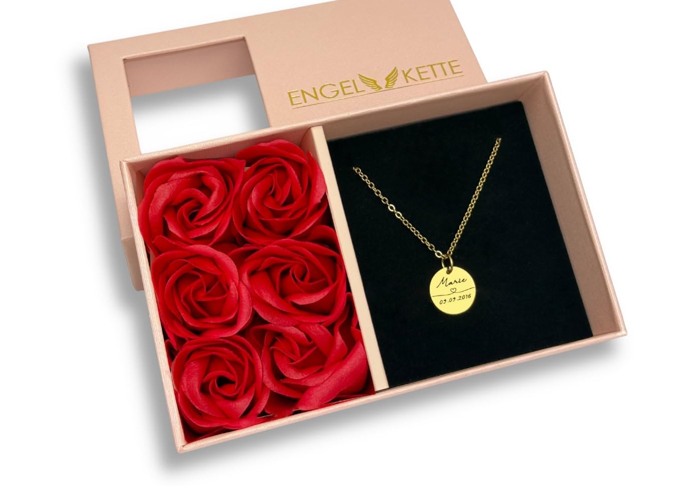 Generisch Personalisierte Halskette mit Rosenbox | Namenskette mit Gravur | Premium Geschenkbox | Geschenk für Mama, Freundin, Ehefrau | Gold, Silber, Roségold | Edelstahl | Made in Germany