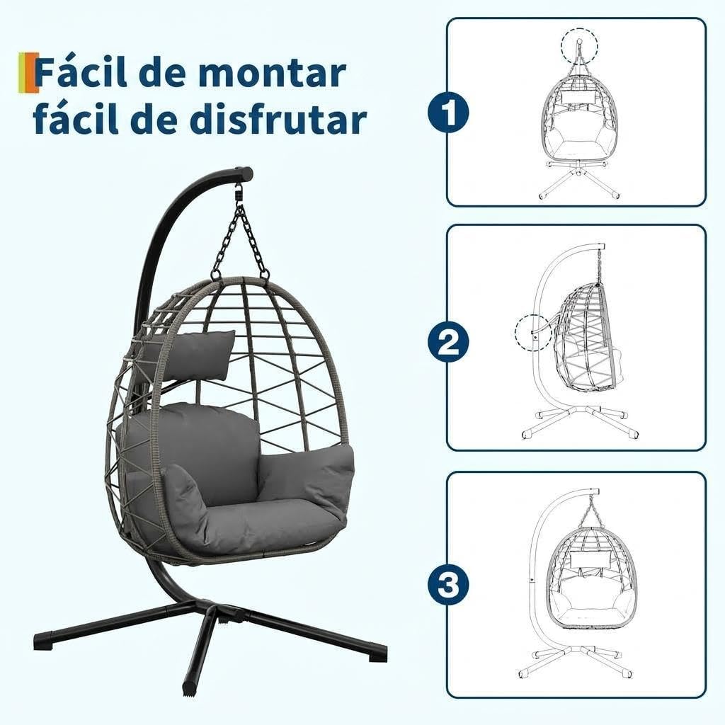Garvee Silla Colgante de Huevo Plegable Vertical con Soporte de Acero Robusto, Cojines Impermeables y Funda Protectora para Jardín Terraza Balcón y Salón, Capacidad 150kg, Ratán Gris y Cojín Gris