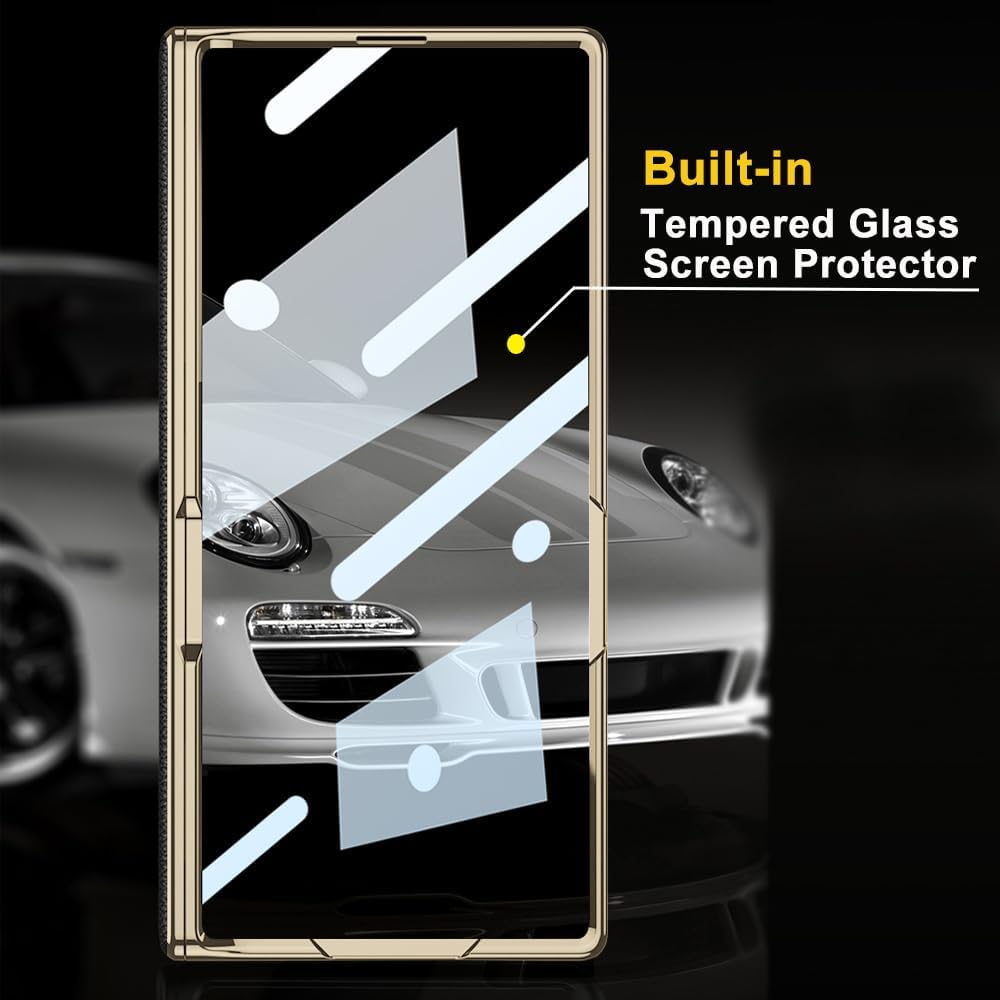 Leather Case for Samsung Galaxy Z Fold 7 with Kickstand,[Built-in Screen Protector and Magnetic Hinge Protection] Slim Luxury Plating Frame Shockproof Cover for Samsung Galaxy Z Fold 7(Gold+Black)