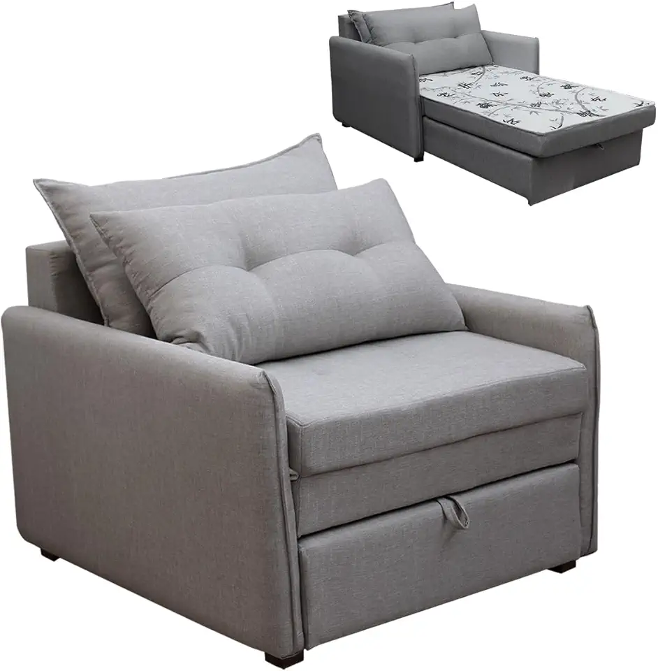 Sofá Cama Retrátil Solteiro Linho Estofado com Almofada Montreal (Cinza)