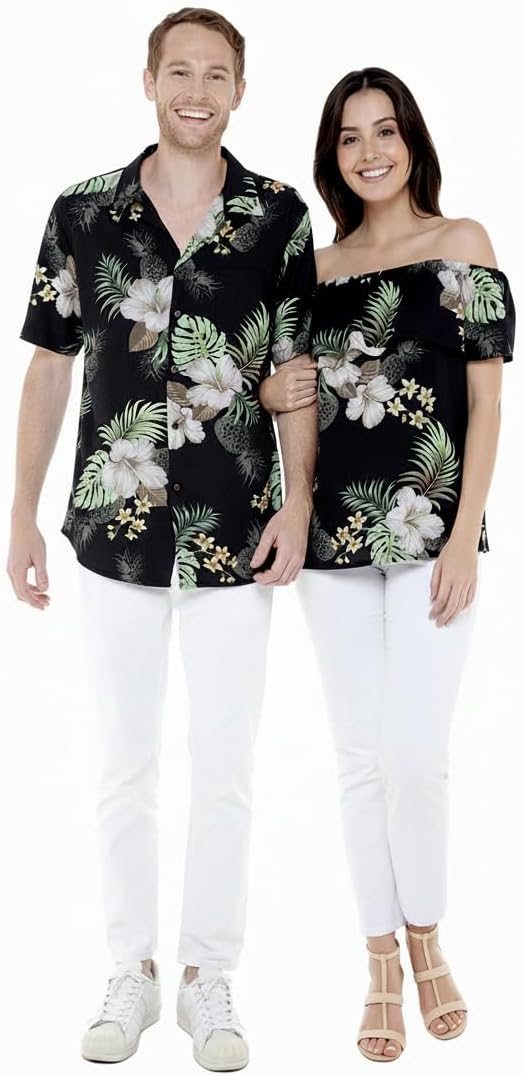 Matchable Couple Hawaiian Luau Shirt or Off-Shoulder Ruffle Muumuu Top in Pineapple Garden Black