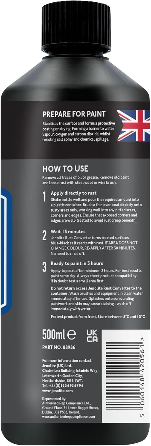 JENOLITE Convertisseur de Rouille Liquide | 500ml | Traitement Antirouille pour Métal | Convertisseur de rouille et apprêt | Idéal pour Voitures et autres Surfaces Métalliques
