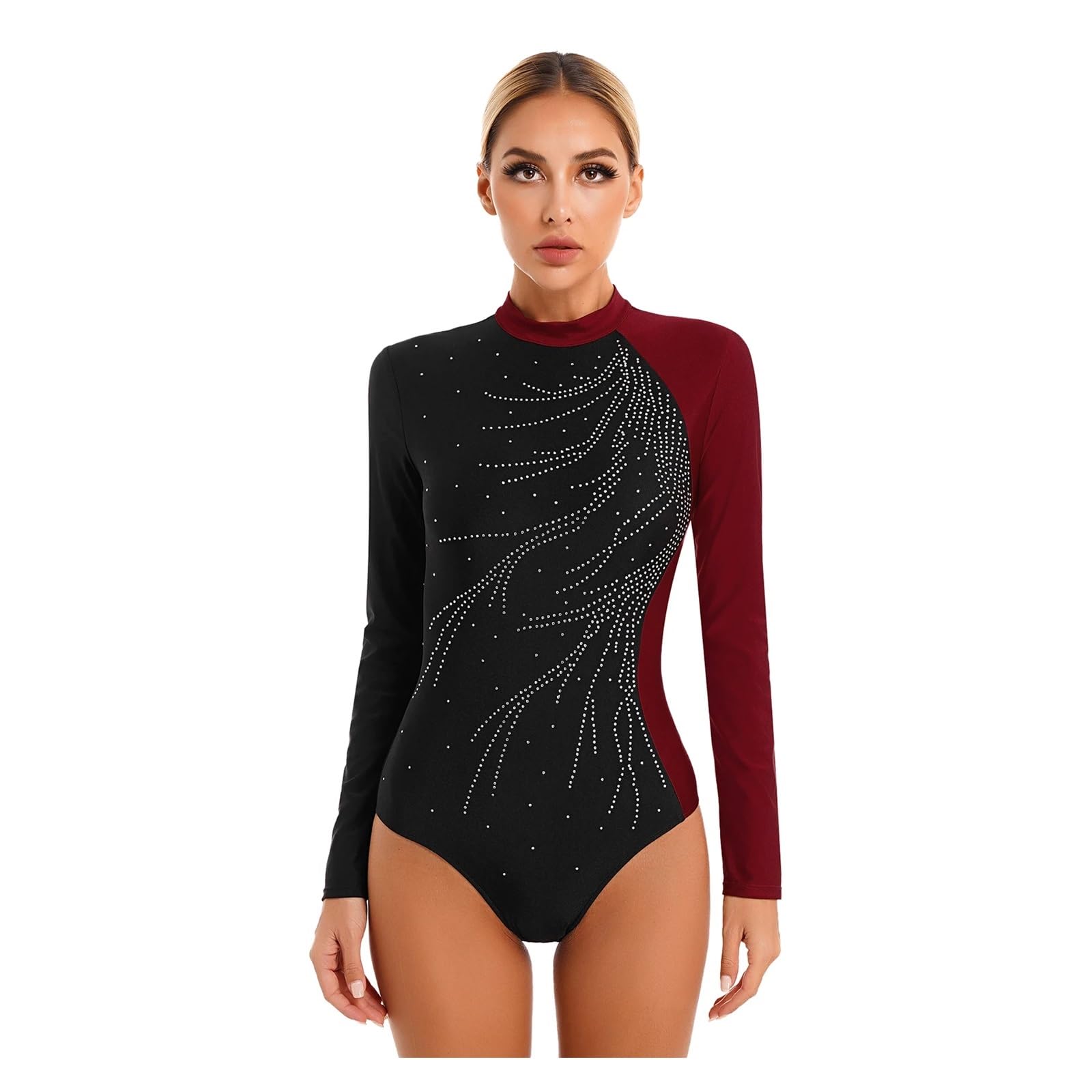 Ballet Adulto Mallot de Danza Traje de danza y gimnasia con purpurina for mujer, traje de patinaje artístico, leotardo de manga larga con cuello alto y bloques de color, leotardo de ballet(Blue B,S)