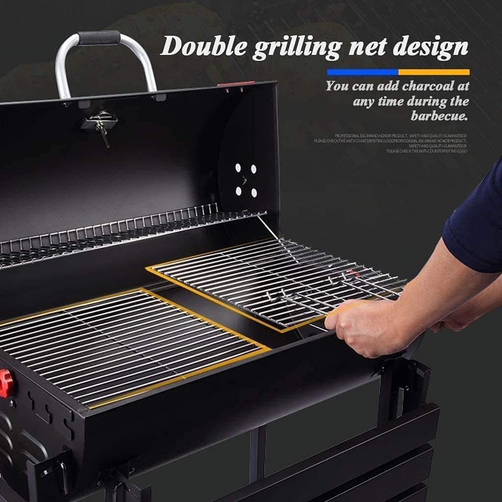 BBQ Grill Outdoor Barbecue Grill Charcoal Barrel BBQ w/Lid Thermometer and Folding Side Table- Robust Enamel Finished Cooking Grill and Warming Shelf for Outdoor Pa