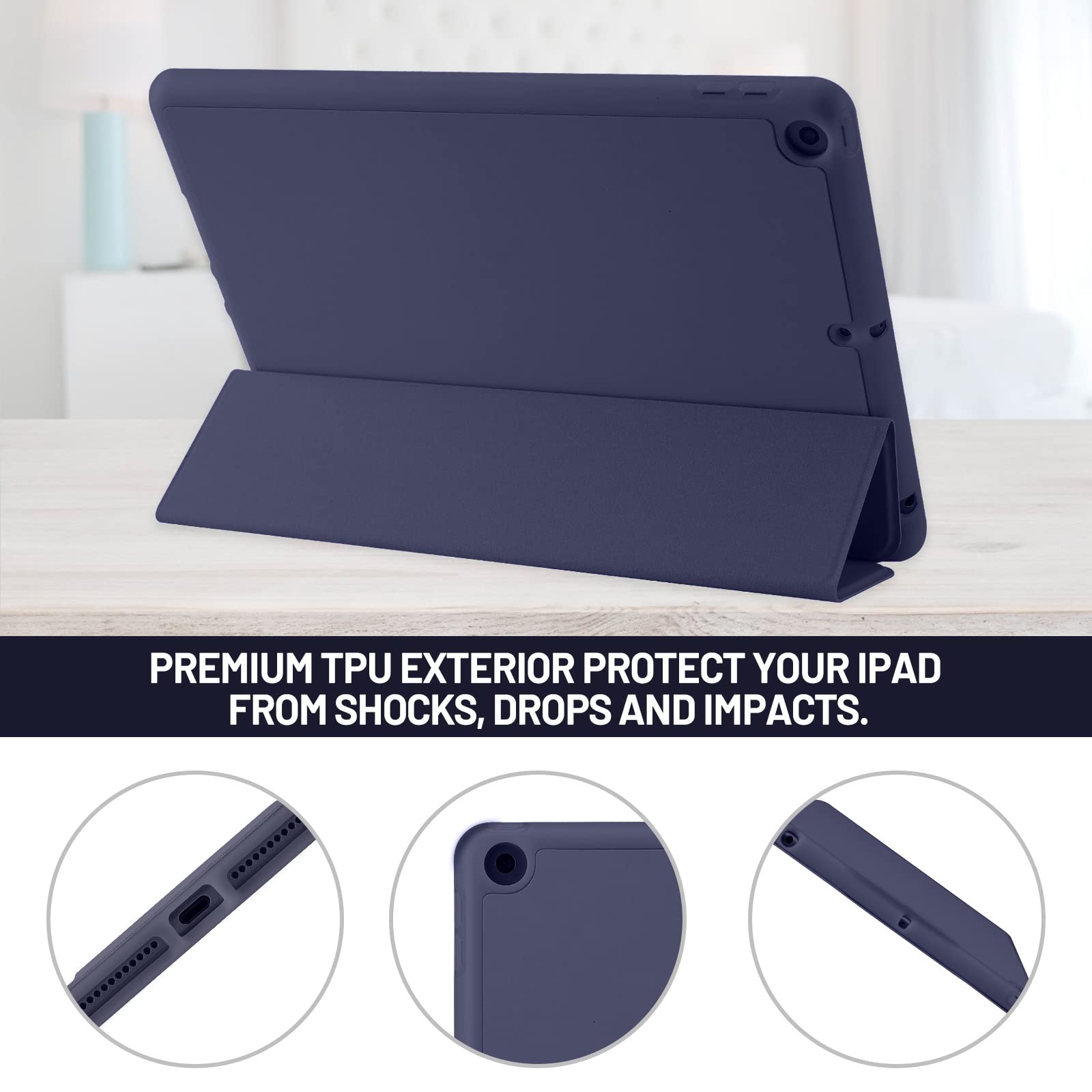 Custodia Cover Compatibile con iPad 9 8 7 Generazione (10.2 Pollici, 2021/2020/2019), Supporta la Carica di Pencil 2nd Gen, Auto Sveglia/Sonno (Blu Scuro)