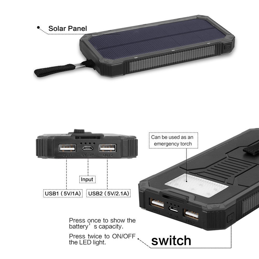 WFEI 50.000 mAh Caricabatterie Solare Impermeabile Solar Power Power Bank di Alta qualità Portable Dual USB Ports Solar Energy Panel Power Bank,Nero