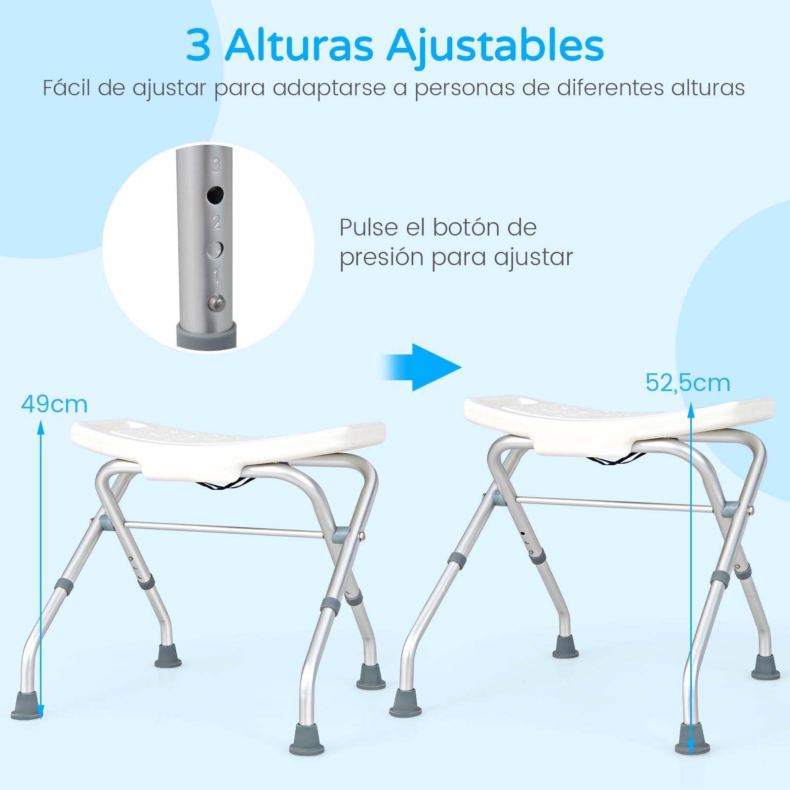 RELAX4LIFE Taburete Baño Plegable con 3 Altura Ajustable 49-52,5cm, Taburete Ducha Antideslizante de Aluminio y HDPE con Orificios de Drenaje para Personas Mayores, Discapacitadas, Carga 150kg