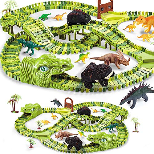 Dinosaur Toys for Kids Gift,280pcs Dinosaur Theme World Race Toy with 240 Flexible Track Playset, 10 Dinosaurs, 2 Dinosaur Cars,Christmas Birthday Gift for 3 4 5 Year Up Old Boys Girls