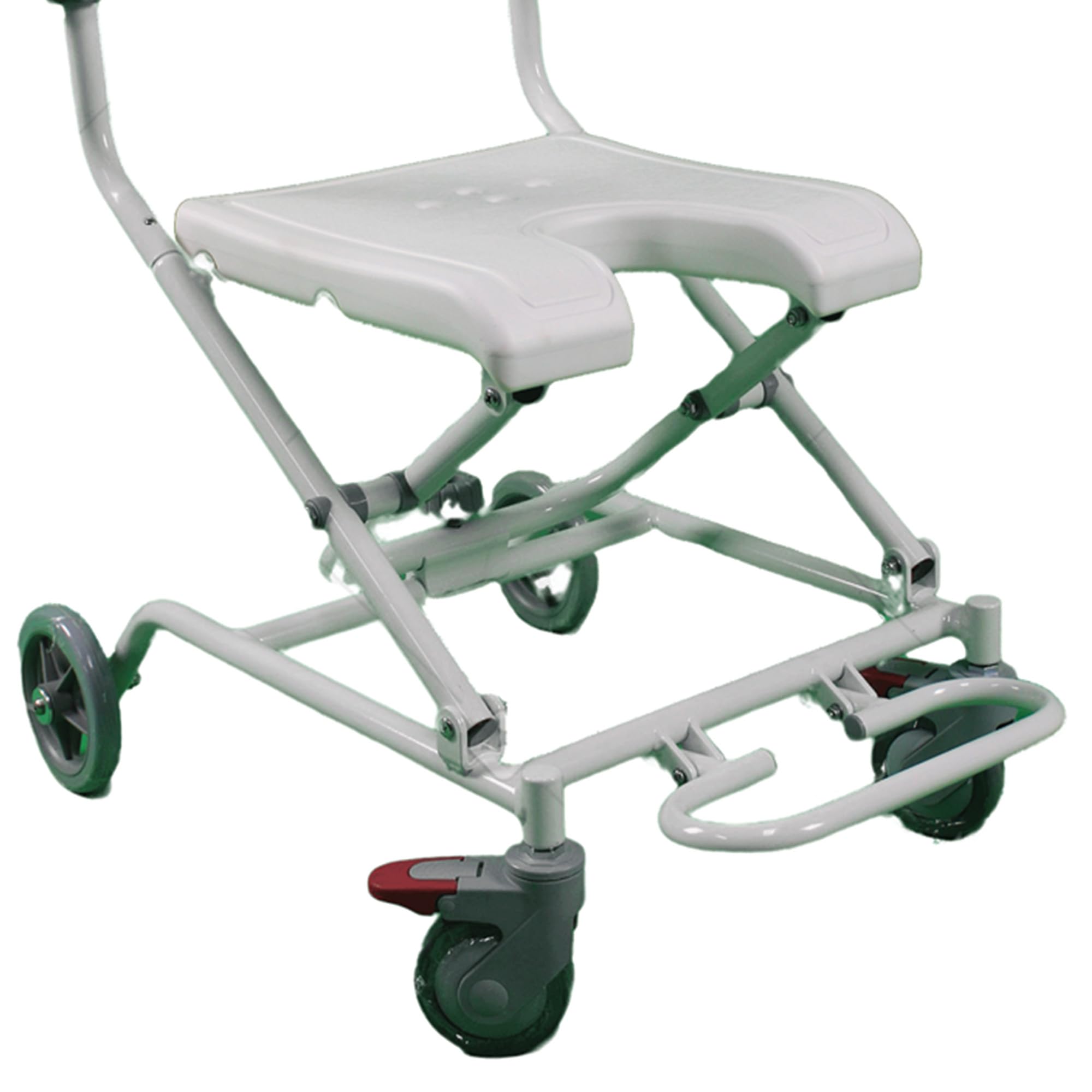 GIMA, Silla de ducha plegable sobre ruedas con estructura de aluminio y asiento de plástico, ruedas con bloqueo, 42915