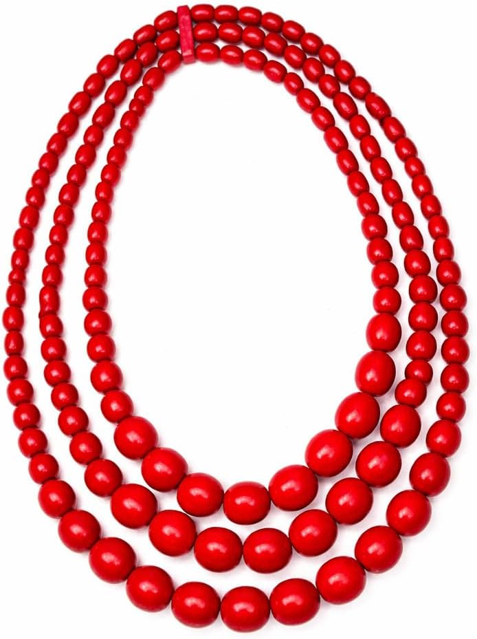 Red Wooden Beaded Necklace for Women – Handmade Multi-Strand Statement Jewelry, Traditional Folk Boho Style
