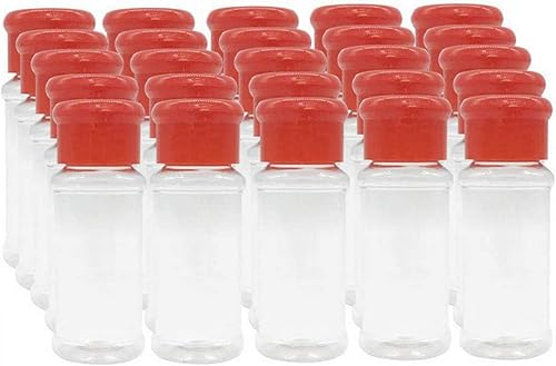 FEOOWV Juego de 25 botellas vacías de plástico para especias para almacenar condimentos de barbacoa, sal, pimienta y más, 2.5 fl oz2.5 oz (rojo)