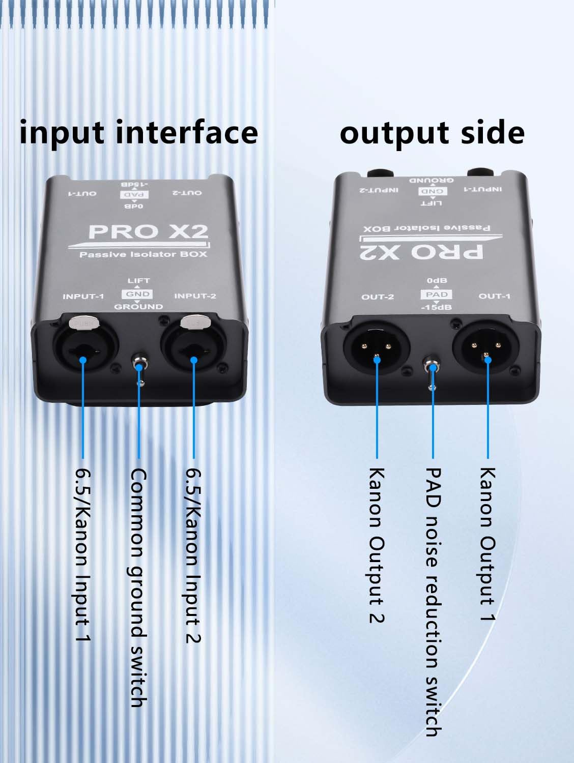 GINTOOYUN Pro Boîte de connexion directe stéréo passive isolateur audio 2 canaux, éliminateur de son de courant audio, isolateur en alliage Canon 6.5 Permo, console de mélange, diffusion en direct