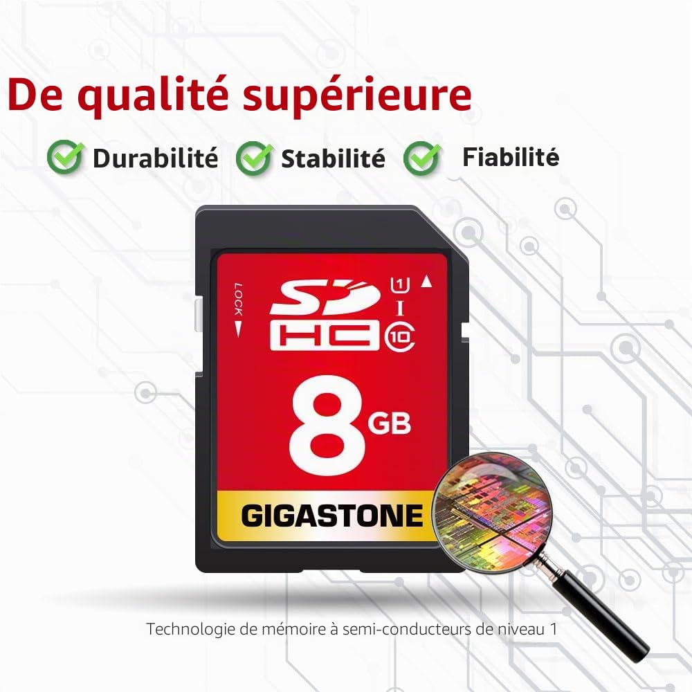 Gigastone 8 Go SDHC Carte Mémoire, Lot de 5 Cartes, Haute Vitesse pour La Réserve des Photos, des Vidéos, du Musique, des fichiers vocaux, Caméscope, Caméra, Enregistreur, PC, Mac, Classe 10