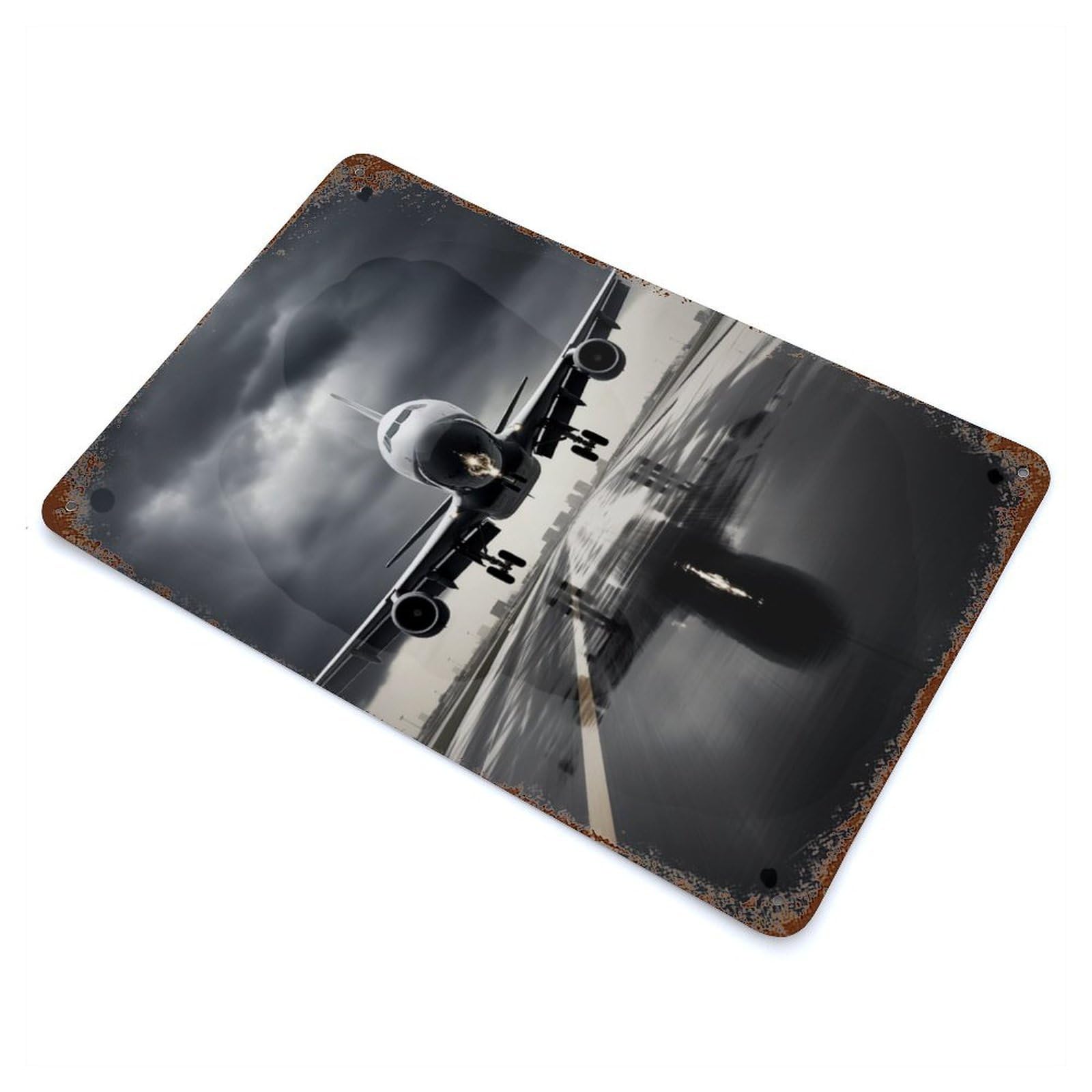 Rusty Metal Tin Sign Airliner Take Off Rainy 11.8"x7.9", Industrial Home Decor for Patio, Garden Room And Bar Decor