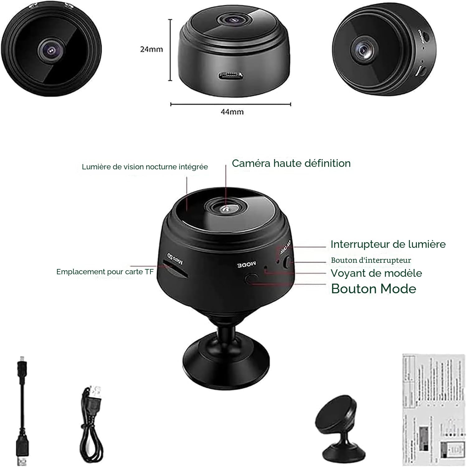 Secretscope Mini caméra de sécurité magnétique, Wi-Fi, caméra extérieure sans fil, avec fonction de vision nocturne pour la maison et le bureau, (noir, 3 pièces)