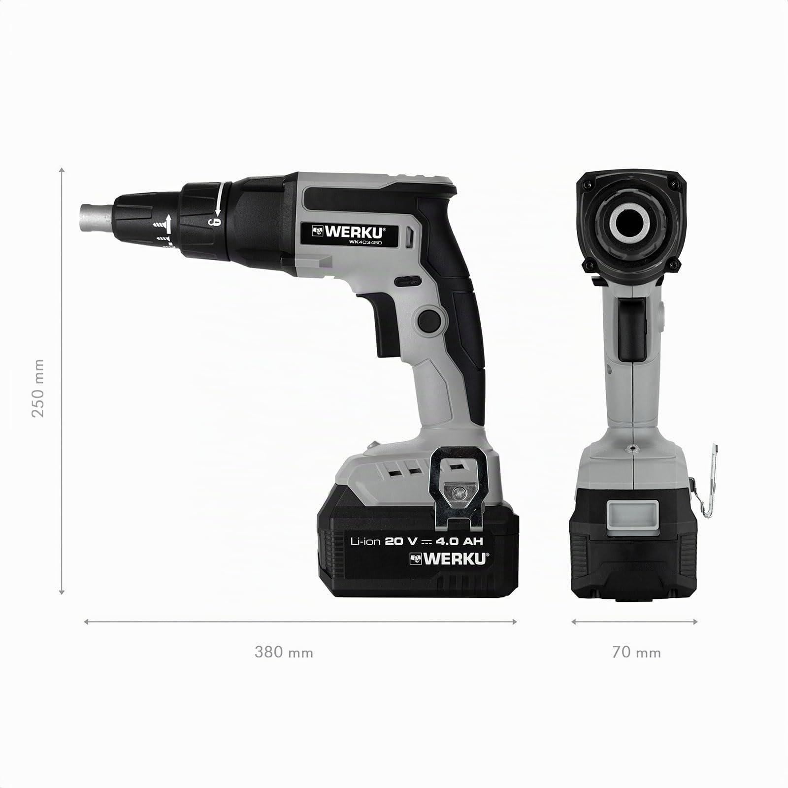 Werku WK403450+WK403470+WK403480, Atornillador Paneles-Placas Inalámbrico, Calidad Profesional, Potencia 20 V, Motor Brushless, Sistema Luz LED Visión, Incluye Batería y Cargador