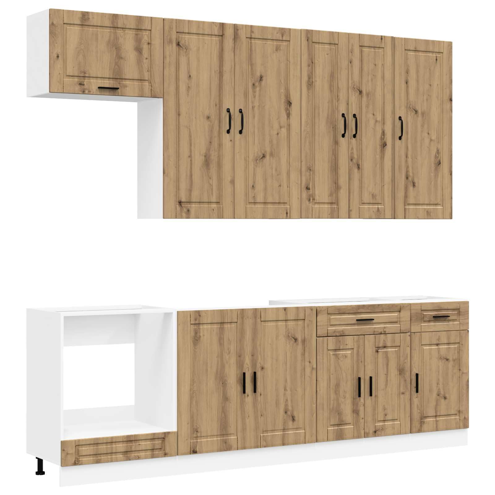 Küchenzeile Porto 8-teilig, Einbauküche Holzwerkstoff in Artisan-Eiche, Küchenblock Komplettset mit Unterschränken, Oberschränken, Schubladen und Geschirrspüler-Panel