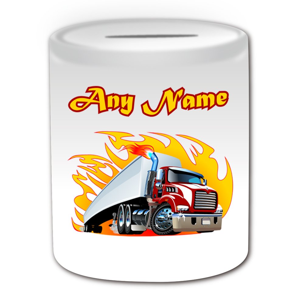 Unigift White Personalised Gift - Semi-Trailer Truck Money Box (Transport Design Theme, ) - Any Name/Message Unique - Saving Piggy Bank - Heavy Vehicle Articulated Lorry Artic Big Container Cargo Driver Hgv