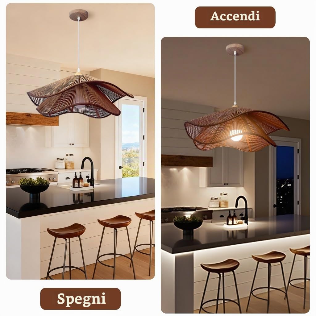 Lampada A Sospensione In Vimini Lampadario Stile Rustico Retrò Lampa In Stile Bohémien Tavolo Da Pranzo Lampada A Soffitto LED Adatta Per Sala Da Pranzo Soggiorno Camera Da Letto(Marrone,40CM)