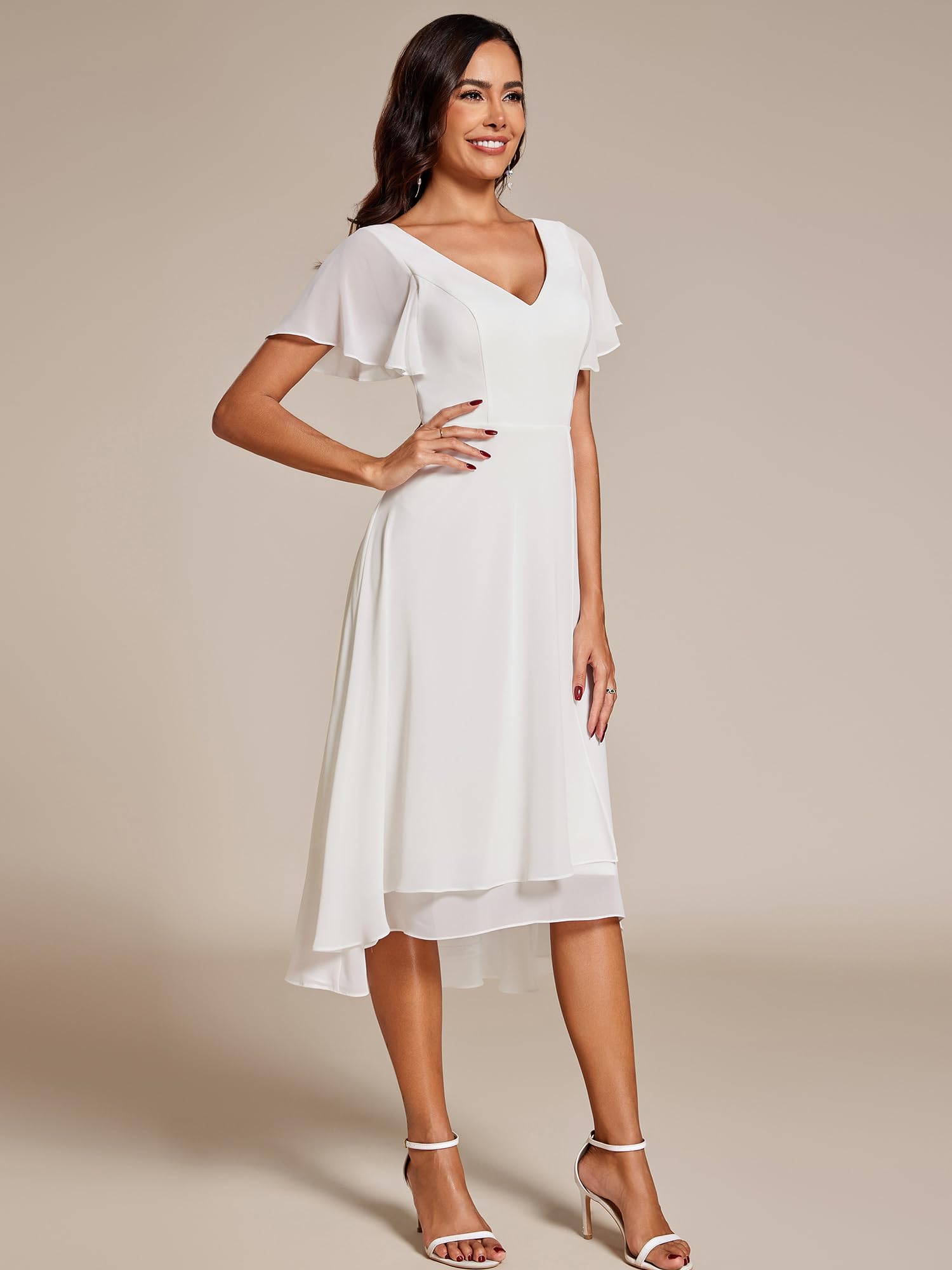 Ever-Pretty Robe Témoin de Mariage Asymétrique High Low Col V Manches Volantées Mousseline Midi Taille Empire Belle Robe Soirée Chic EG01756-P