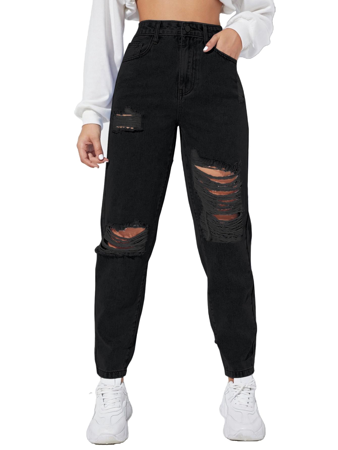AahwanWomen's & Girls' Solid Black High Waist Ripped Distressed Mom Fit Denim Jeans