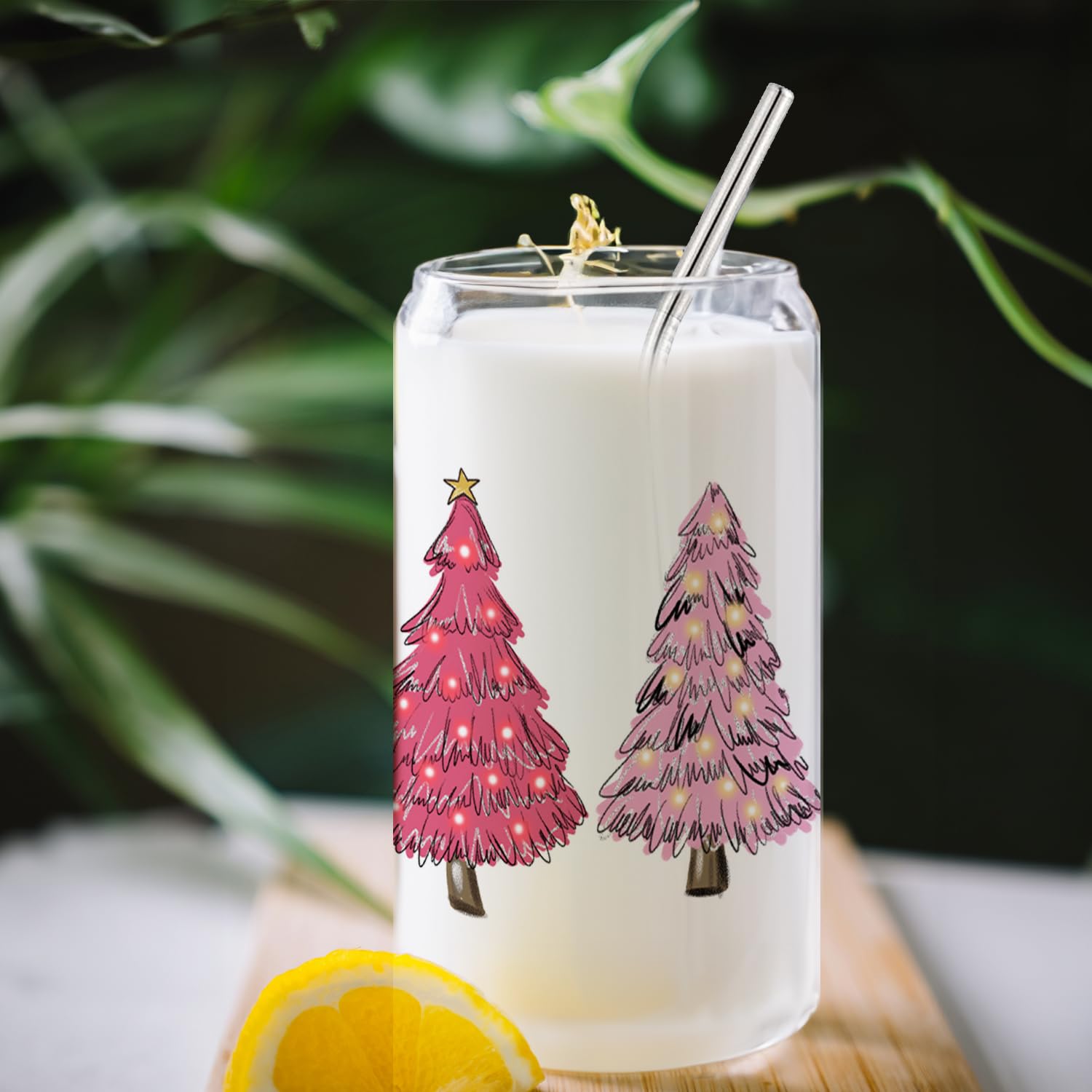 BEHIFL Christmas Tree Glass Cup,Christmas Coffee Can Glass With Lid And Straws 14oz,Xmas Tree Drinking Glasses Coffee Cups Water Bottles Gift For Women Kids Men,Glass Cup For Christmas Decor