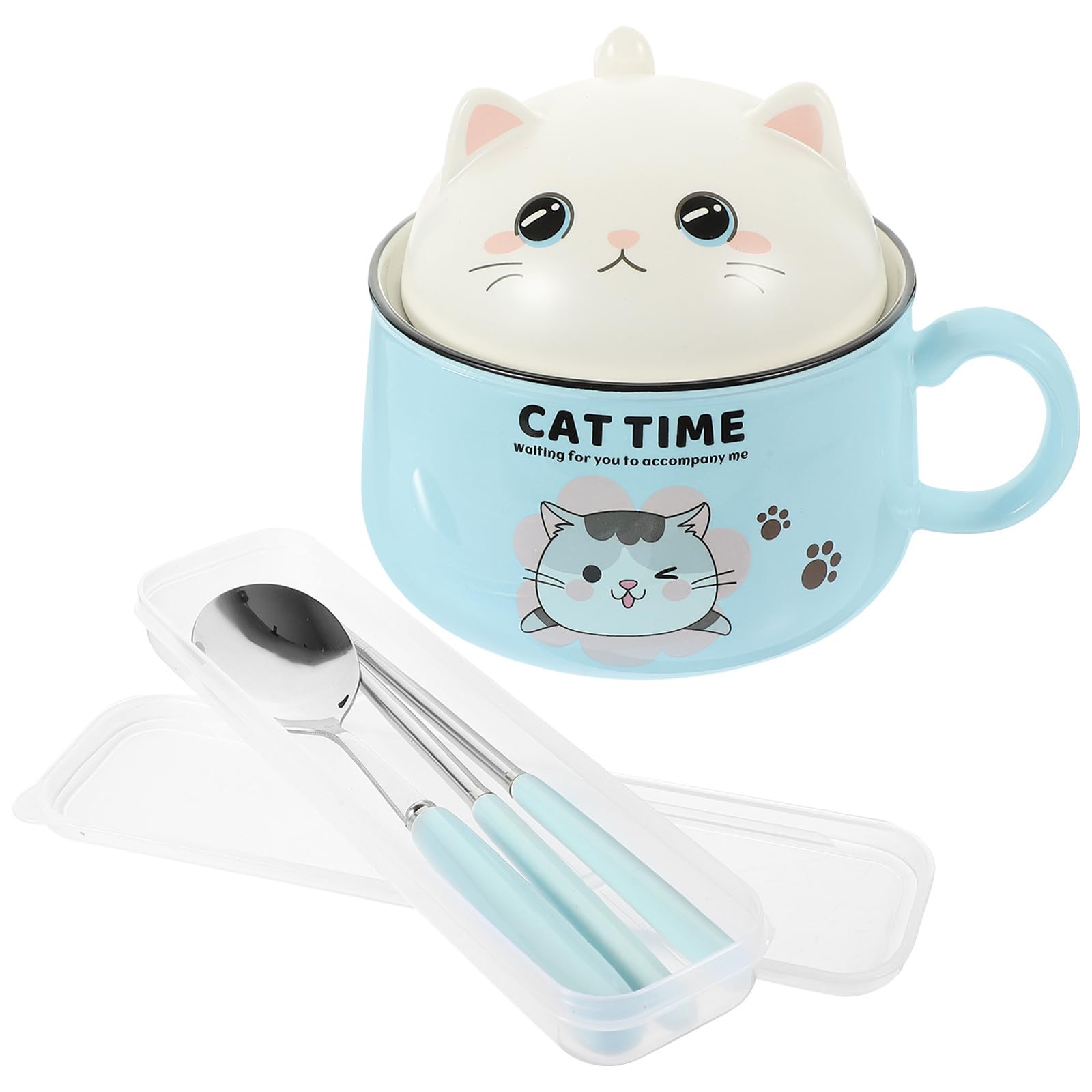 Zerodeko Tazón de Ramen de Cerámica Azul 1020ml con Tapa y Asa | 1 Juego, Incluye Palillos y Cuchara de Acero Inoxidable, Diseño de Gato de Dibujos Animados