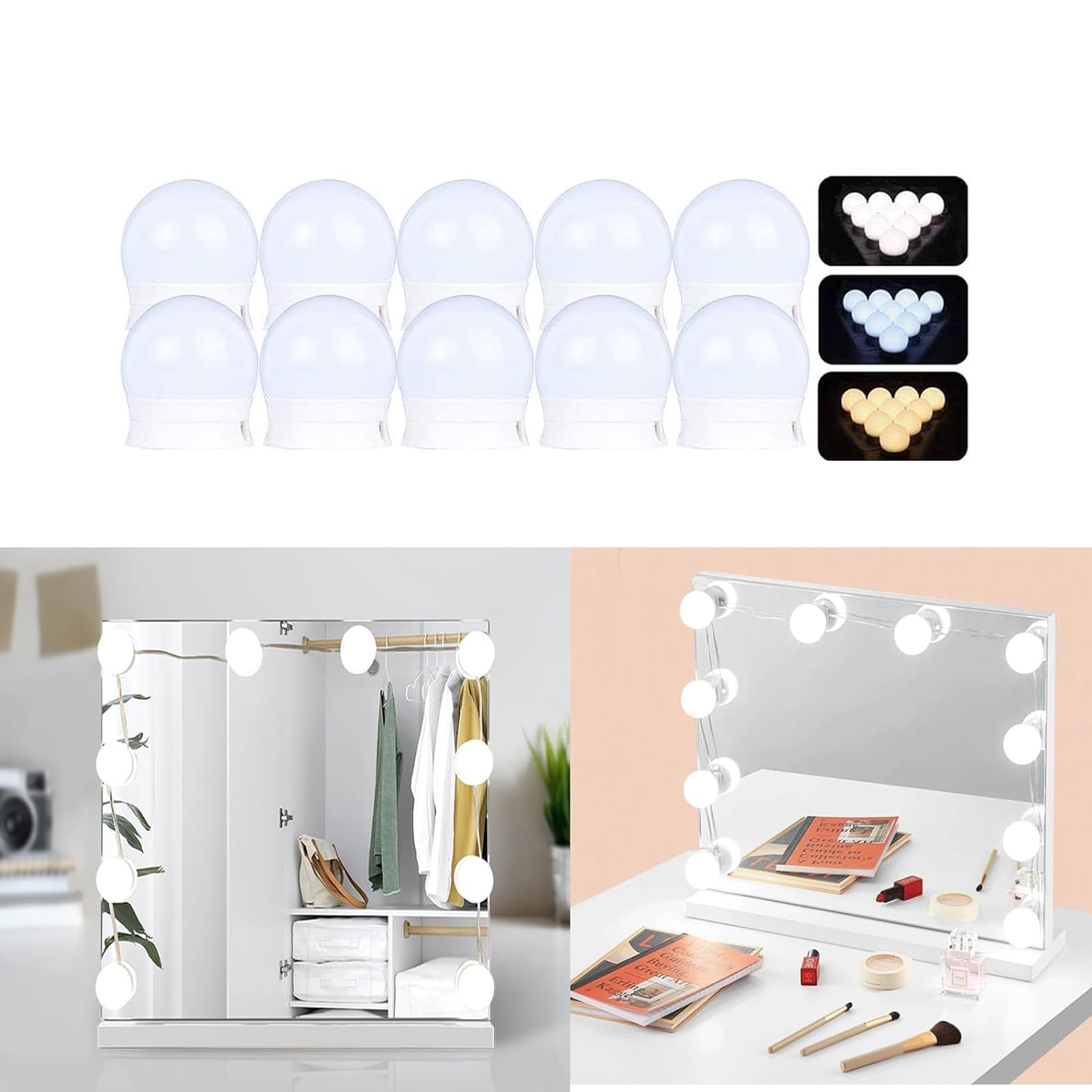 Luci da trucco per specchio LED Hollywood Luci per specchio Colore e luminosità regolabili Lunghezza Lampadina per trucco Luci per specchio Luci per trucco Toeletta Bagno 10 lampadine