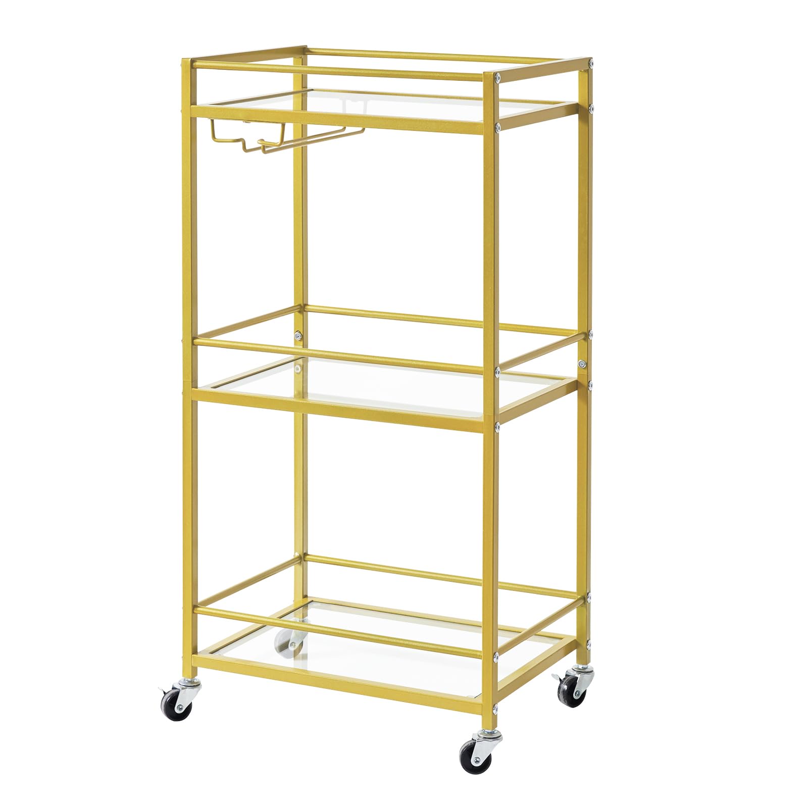 IBUYKE Home Bar Serving Cart,Small Bar Cart with 3-Tier Glass Shelf, Mobile Drink Shelf with Wine Holders and Glass Holders,Mini Bar for Outdoor, Small Space, Kitchen Gold TMJ519G