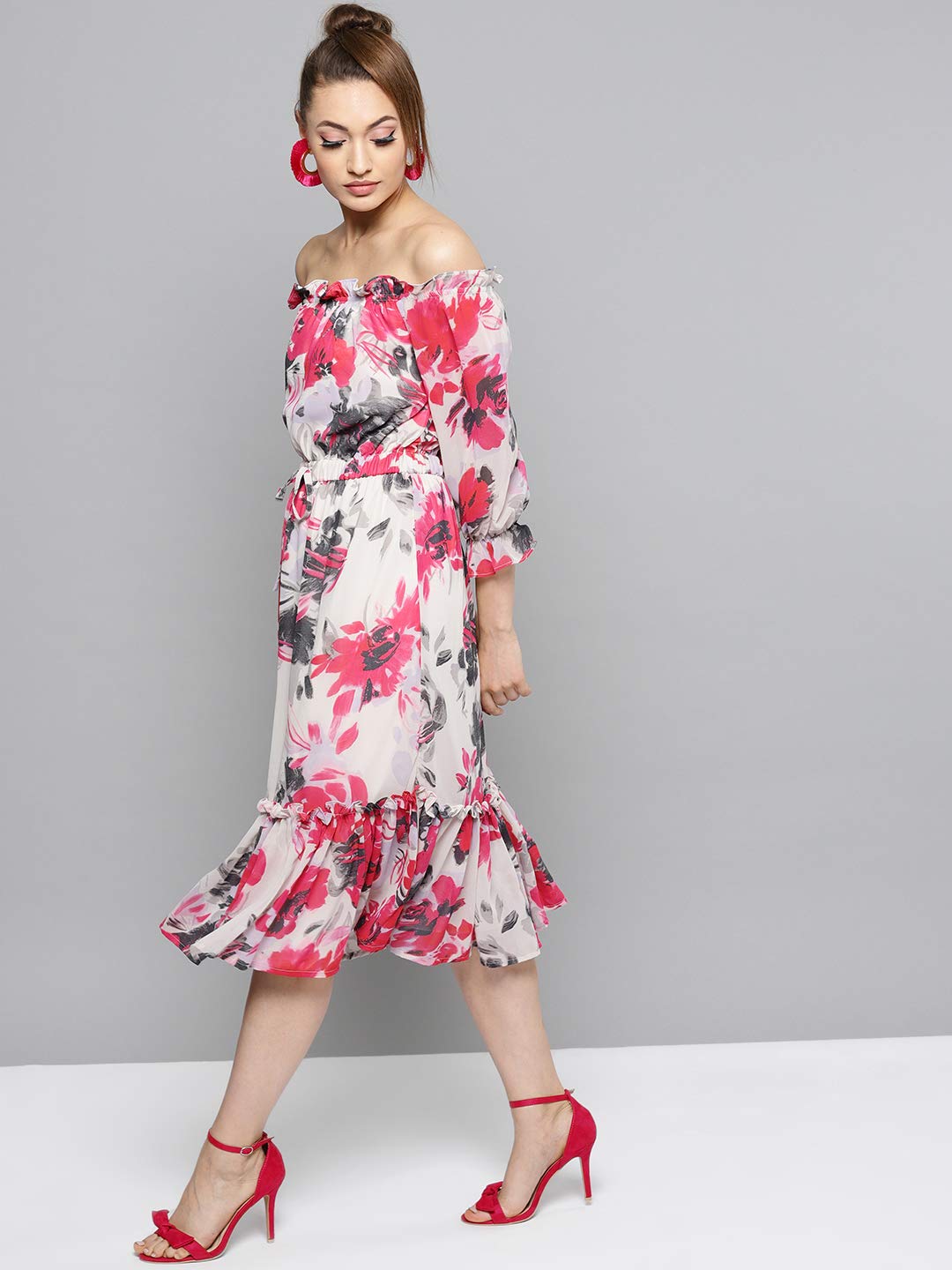 Rare Women's Synthetic A-Line Knee-Long Dress (Ep4161_White & Pink_S)