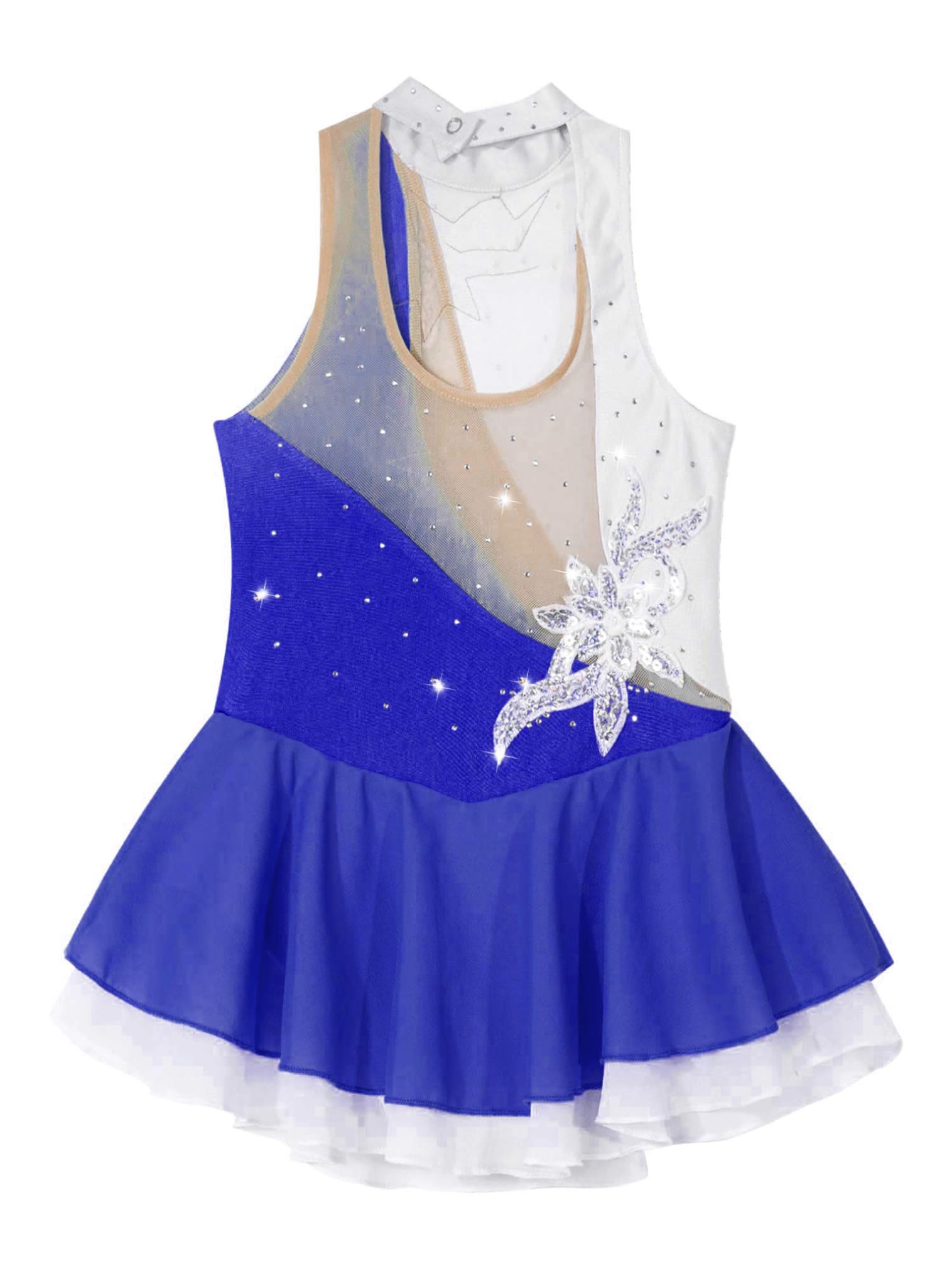 FEESHOW Mädchen Eiskunstlauf Kleid Neckholder Pailletten Blumen Eislaufen Kleid Tanz Trikot Kinder Glänzende Rollschuhlaufen Tanzkleidung
