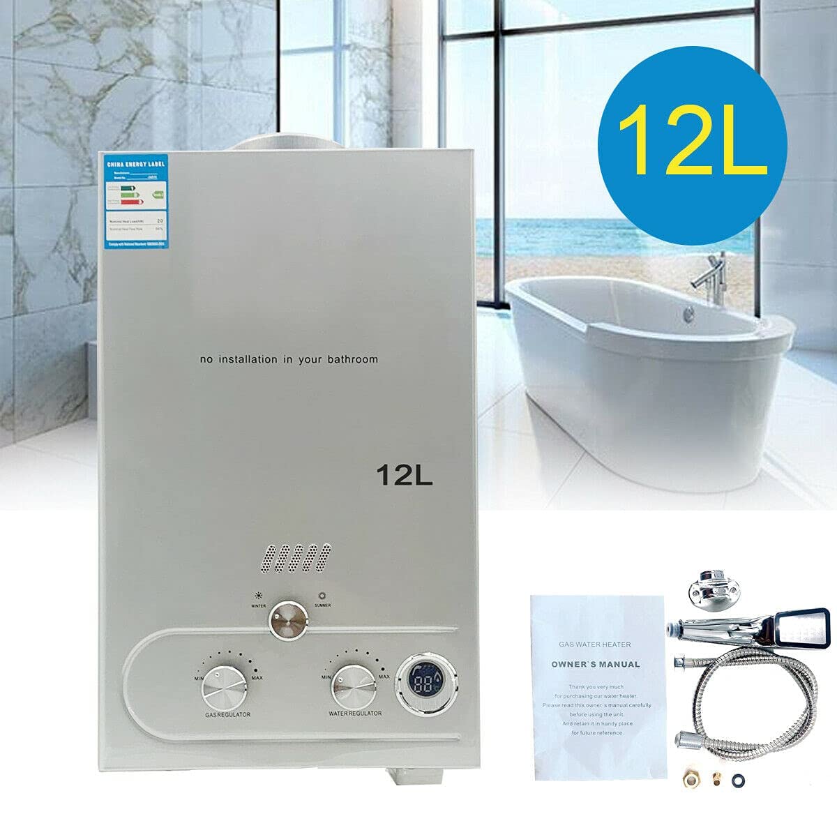 Calentador de agua de gas licuado LPG, 12 L, 24 kW, sin depósito, con cabezal de ducha galvanizado y manguera de ducha, para camping al aire libre y ducha con cremallera, color plateado