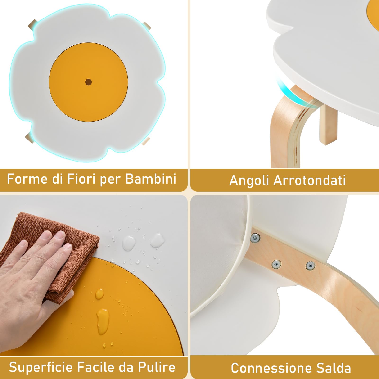 RELAX4LIFE Set Tavolo e Sedie per Bambini 5 Pezzi, Tavolo Attività in Legno a Forma di Fiore con 2 Sedie e 2 Sgabelli