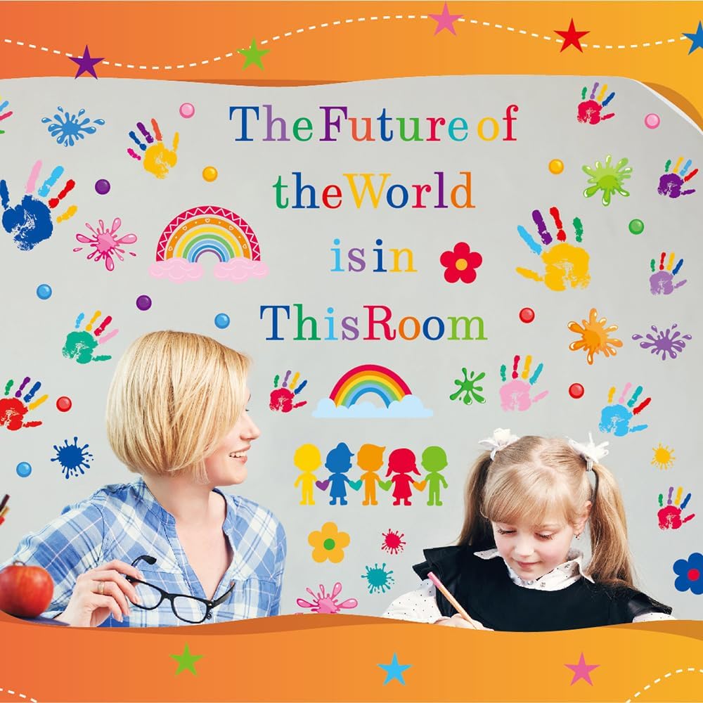 Classroom Wall Decals, 7 Sheets 86 PCS – Handprints & Rainbow Quote “The Future of the World is in This Room” – Peel & Stick Removable Vinyl for Kids Room, Preschool, Daycare & Teacher Classroom Decor