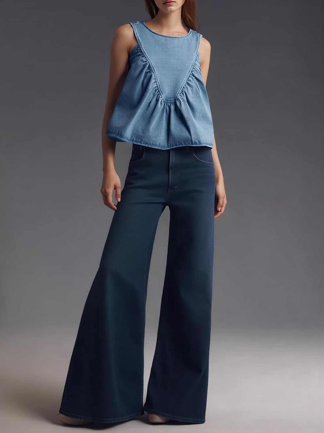 Cicy Bell Womens Babydoll Peplum Denim Tank Tops Loose Fit Swing Flowy Shirred Sleeveless T Shirts Going Out Cute Tees - Image 3